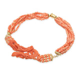 Vintage 14k Yellow Gold Diamond & Carved Coral Dragon Multi-Strand Necklace