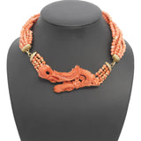 Vintage 14k Yellow Gold Diamond & Carved Coral Dragon Multi-Strand Necklace