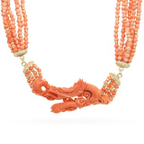 Vintage 14k Yellow Gold Diamond & Carved Coral Dragon Multi-Strand Necklace