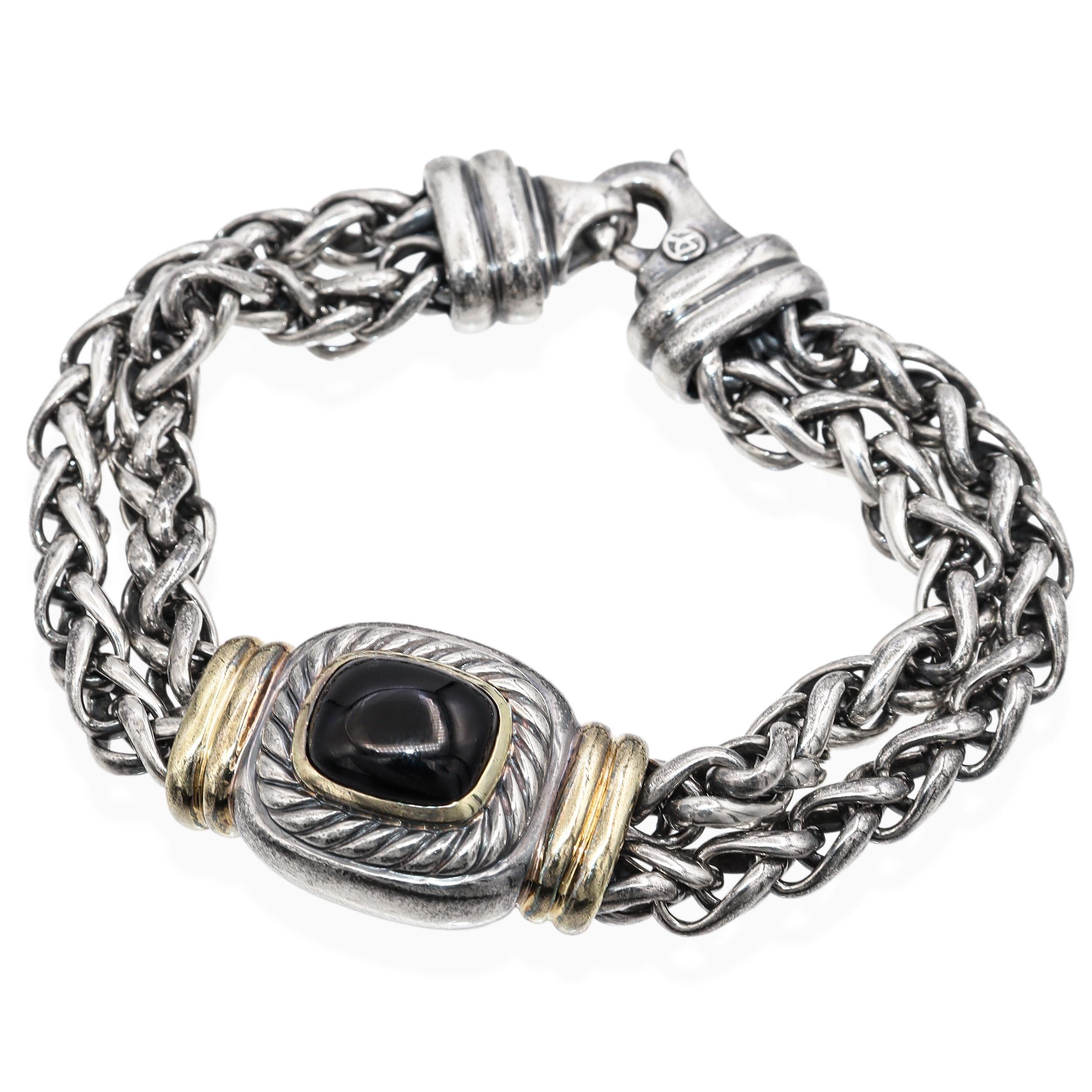 David Yurman Sterling Silver & 14k Gold Black Onyx Double Chain Bracelet