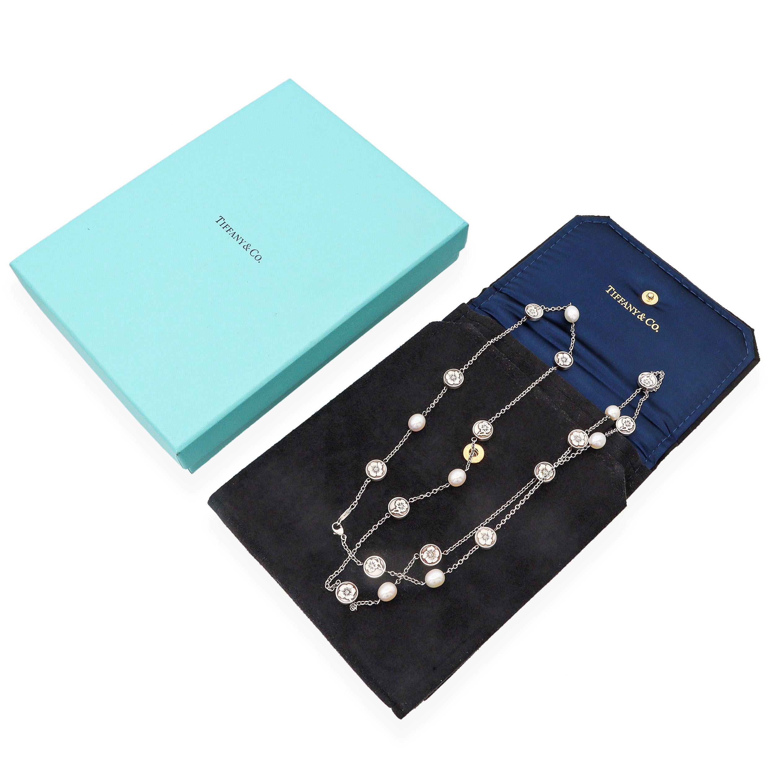 Tiffany & Co. Sterling Silver Pearl Nature Rose Flower Station Necklace