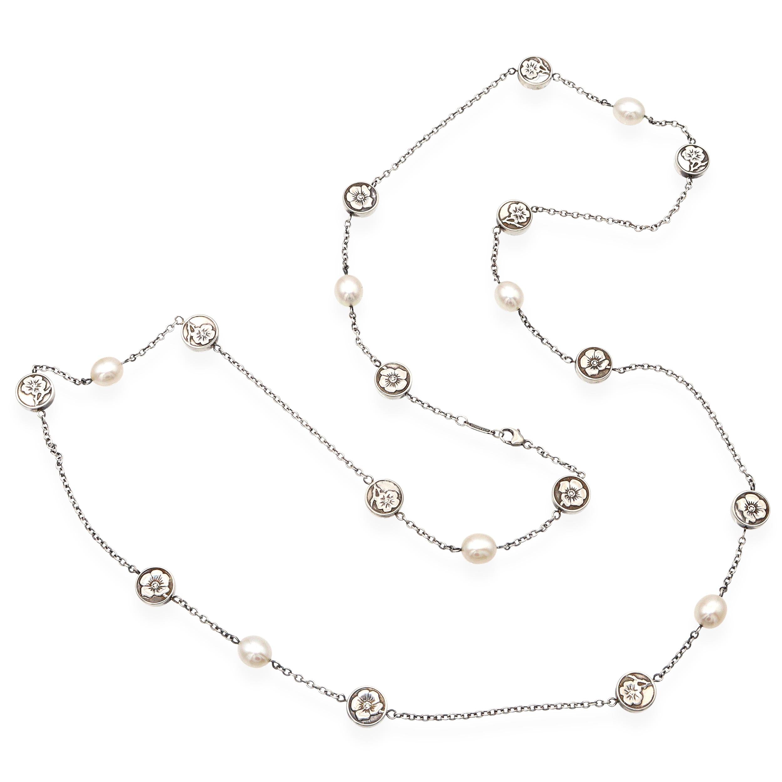 Tiffany & Co. Sterling Silver Pearl Nature Rose Flower Station Necklace