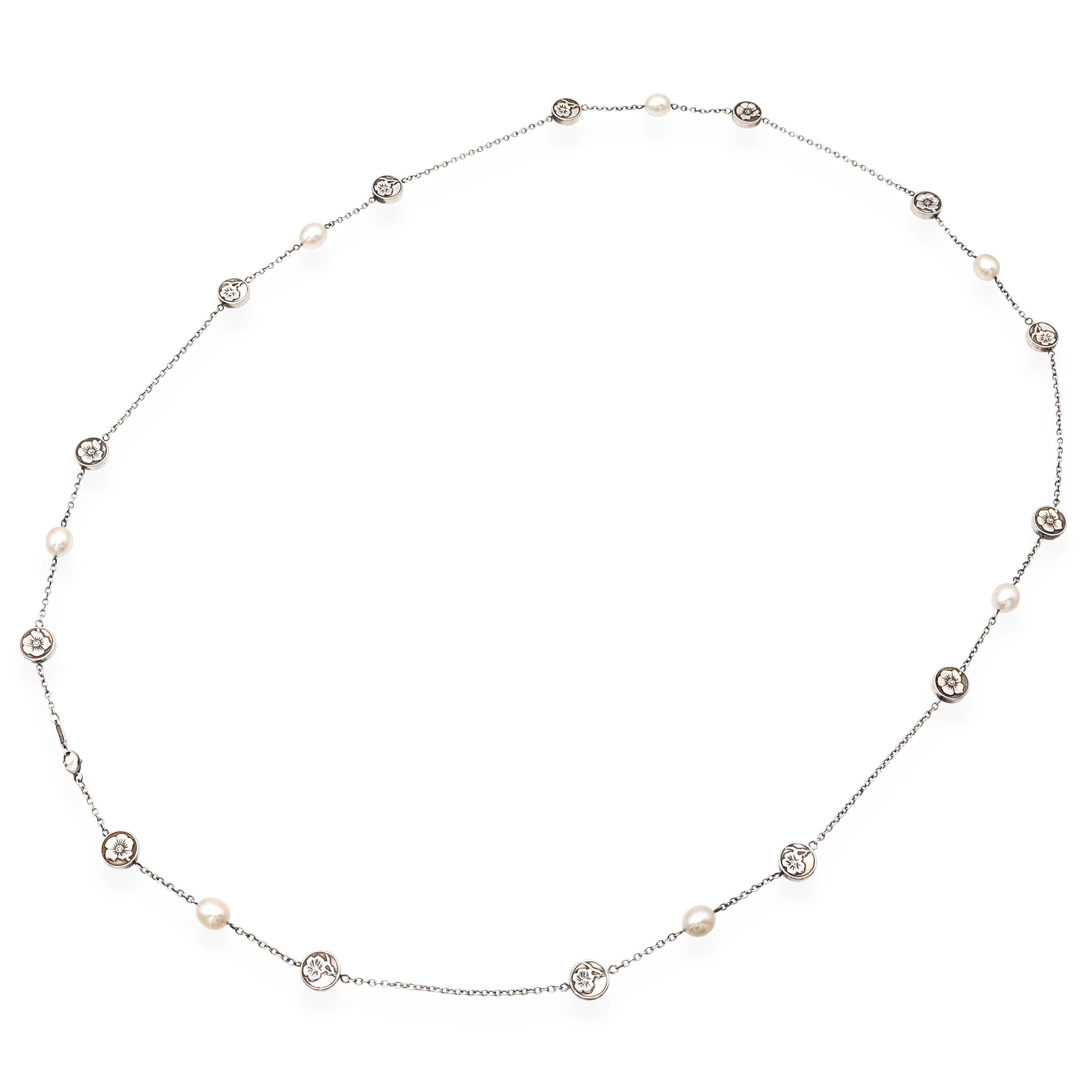 Tiffany & Co. Sterling Silver Pearl Nature Rose Flower Station Necklace