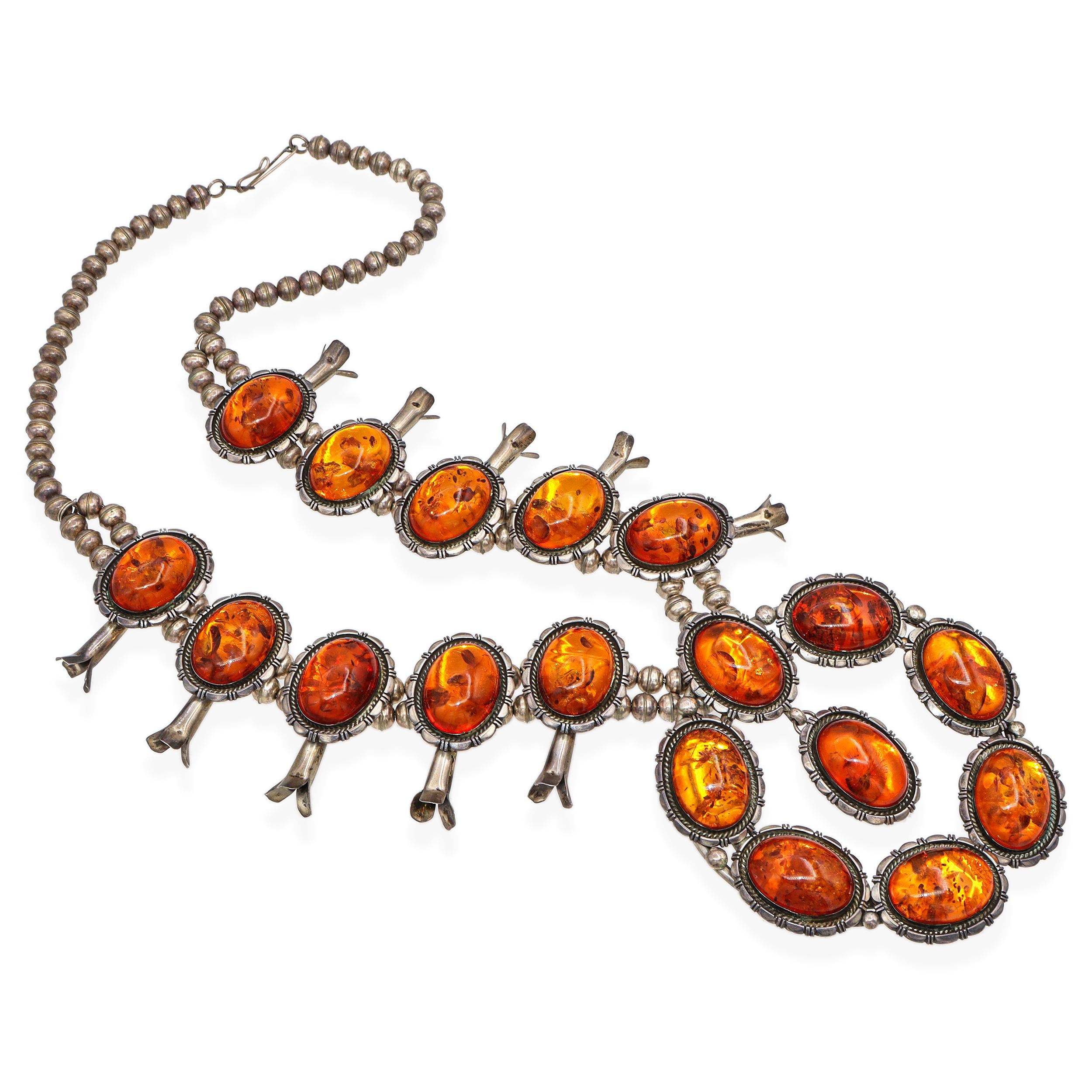 Vintage E. Belone Navajo Sterling Silver Amber Squash Blossom Necklace
