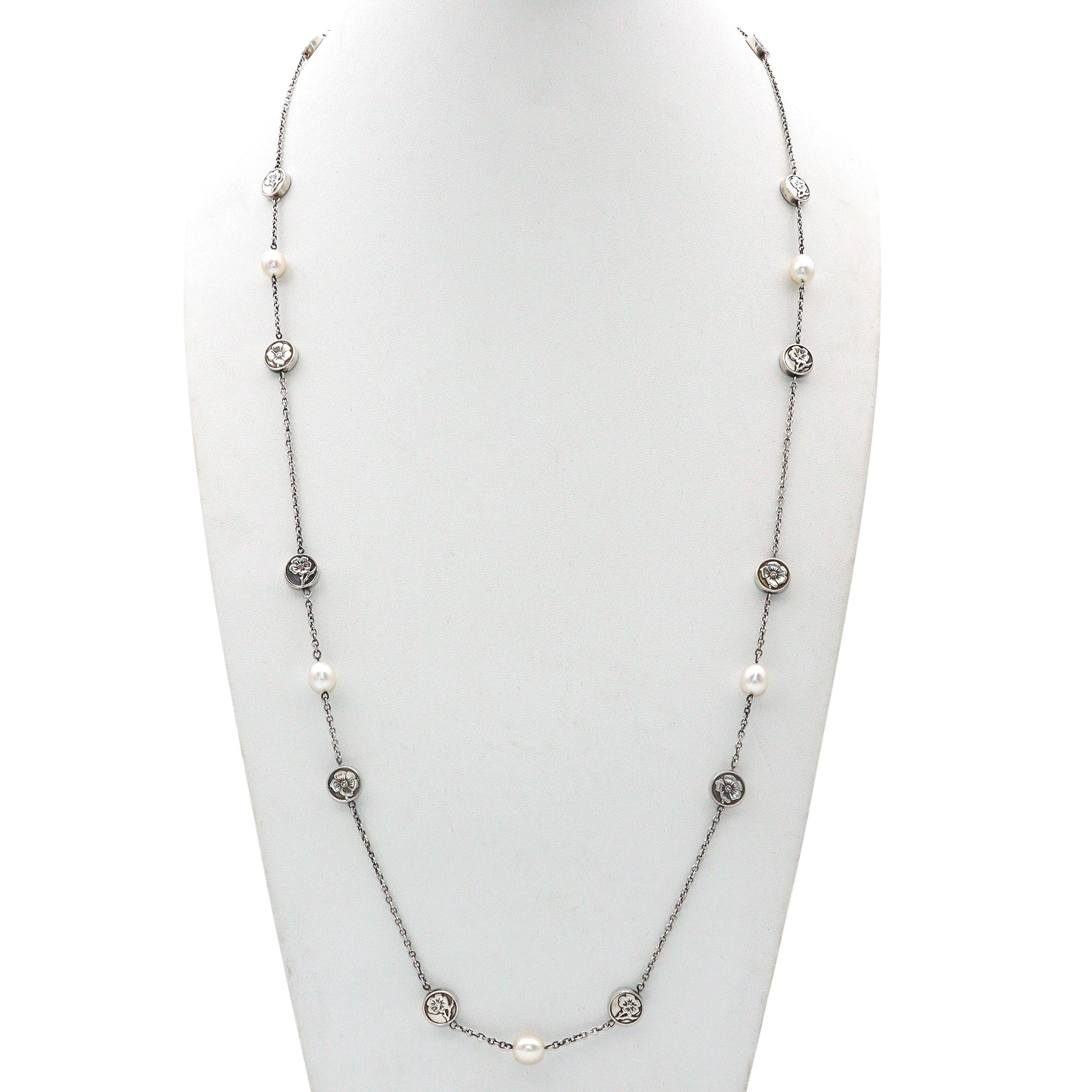 Tiffany & Co. Sterling Silver Pearl Nature Rose Flower Station Necklace