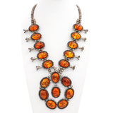 Vintage E. Belone Navajo Sterling Silver Amber Squash Blossom Necklace