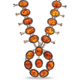 Vintage E. Belone Navajo Sterling Silver Amber Squash Blossom Necklace