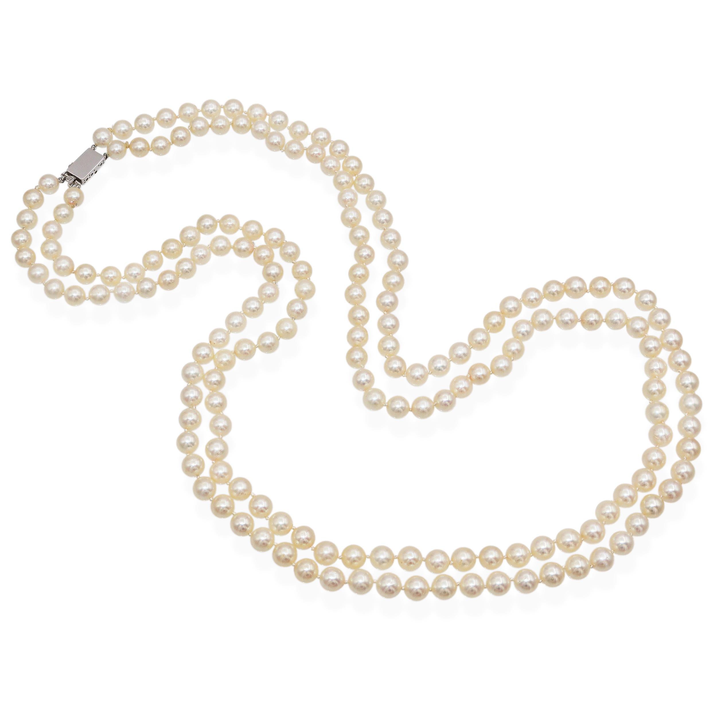 Vintage 13k White Gold Matinee-Length Beaded Double Strand Pearl Necklace