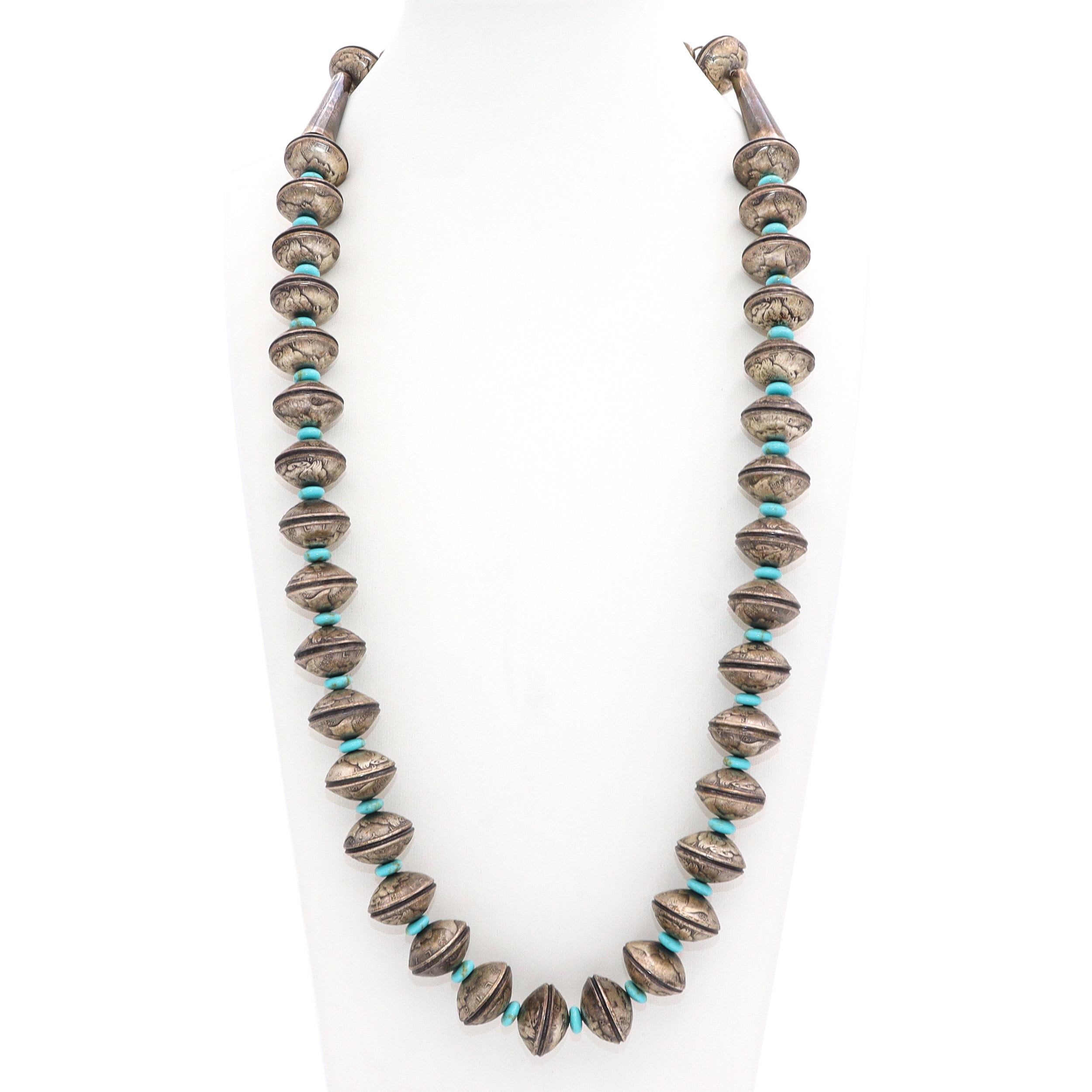 Vintage James McCabe Navajo Handcrafted Silver Mercury Dime Turquoise Necklace