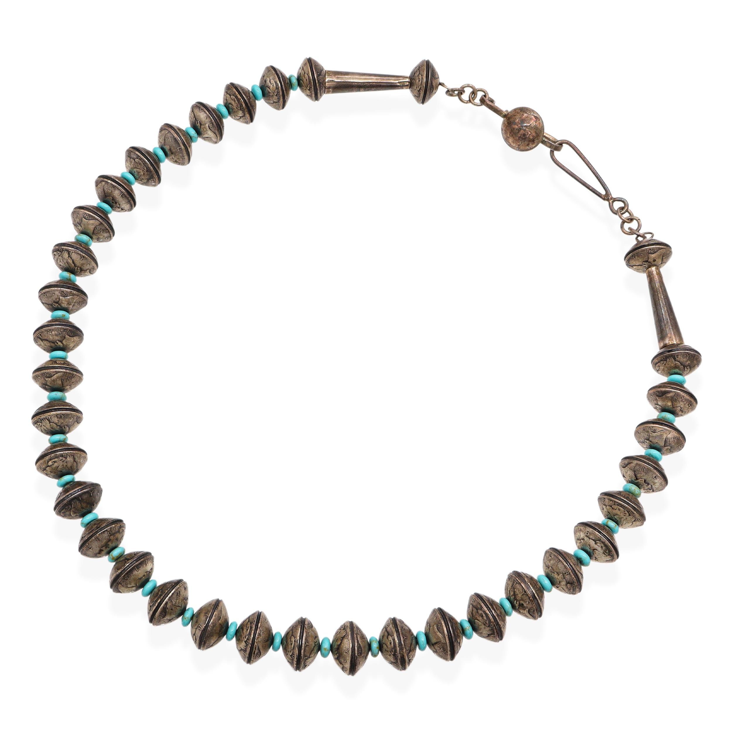 Vintage James McCabe Navajo Handcrafted Silver Mercury Dime Turquoise Necklace