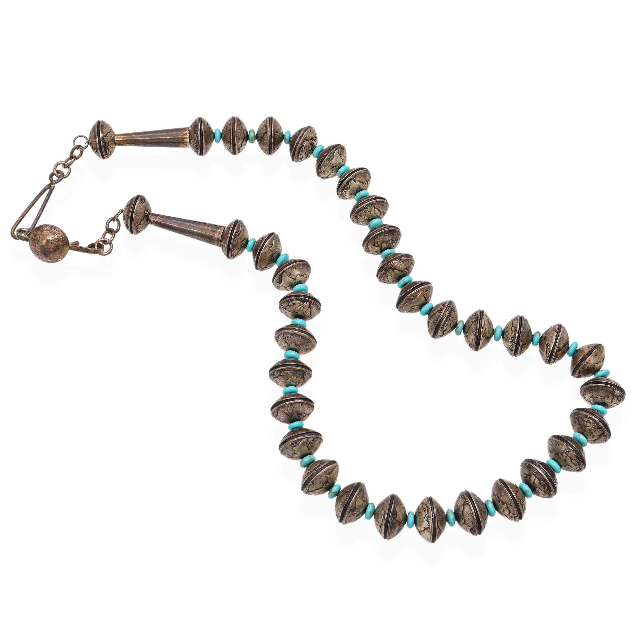 Vintage James McCabe Navajo Handcrafted Silver Mercury Dime Turquoise Necklace