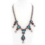 Vintage Southwest Navajo Sterling Silver Turquoise & Coral Squash-Style Necklace