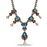 Vintage Southwest Navajo Sterling Silver Turquoise & Coral Squash-Style Necklace