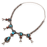 Vintage Southwest Navajo Sterling Silver Turquoise & Coral Squash-Style Necklace