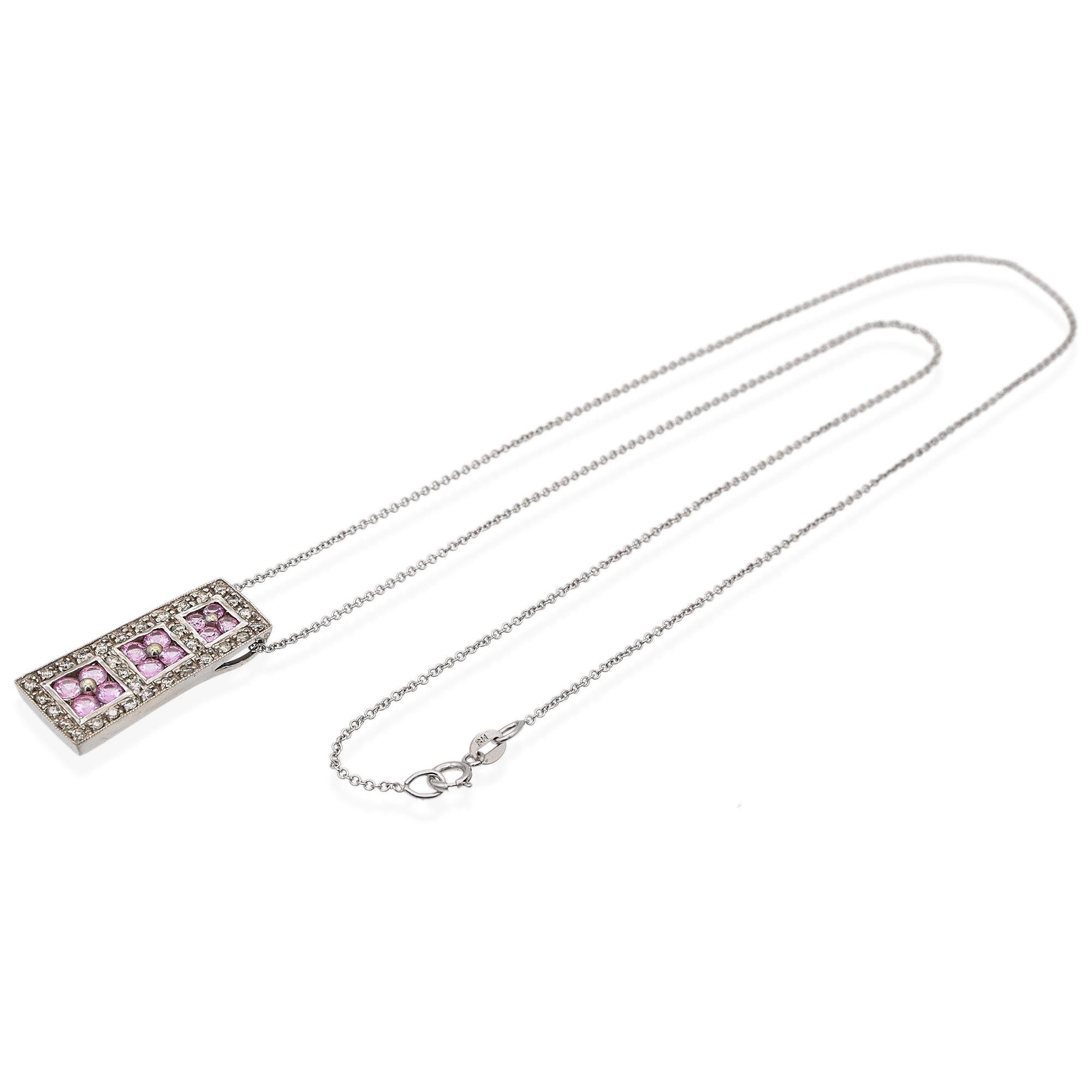 Vintage 14k White Gold Pink Sapphire and Diamond Pendant Necklace