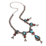 Vintage Southwest Navajo Sterling Silver Turquoise & Coral Squash-Style Necklace