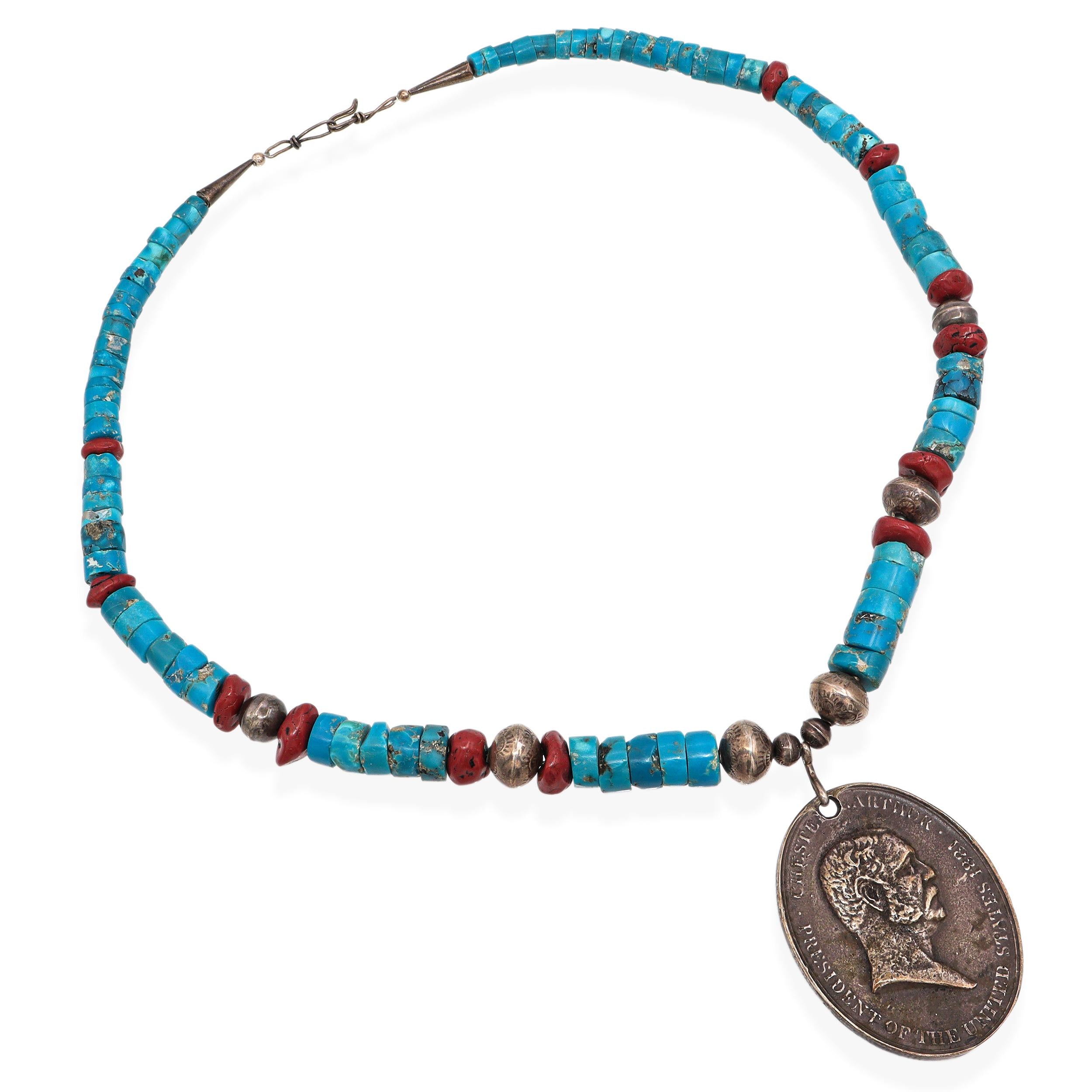 Vintage Sterling Silver Turquoise Red Jasper 1881 Chester Arthur Medal Necklace