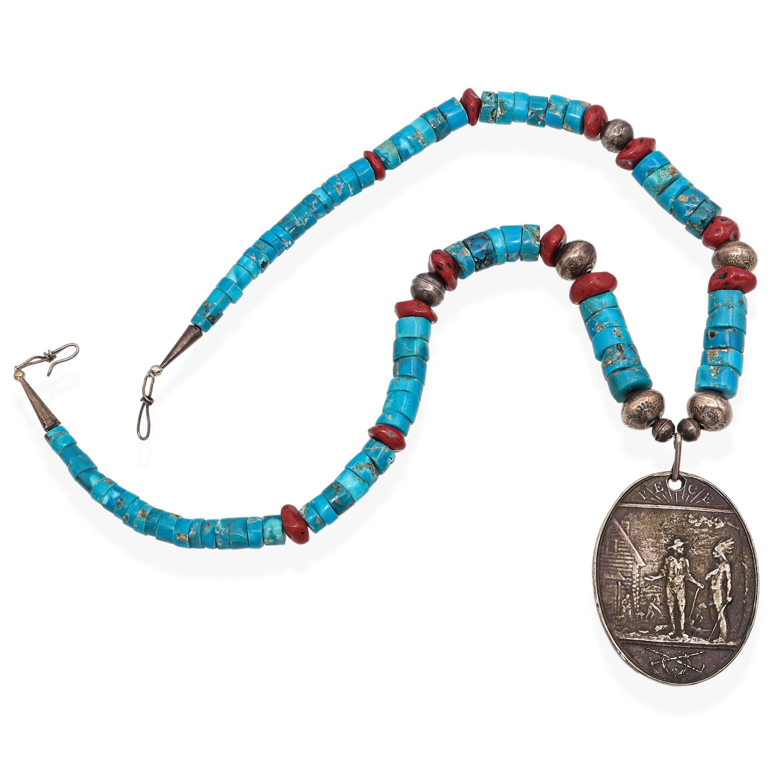 Vintage Sterling Silver Turquoise Red Jasper 1881 Chester Arthur Medal Necklace