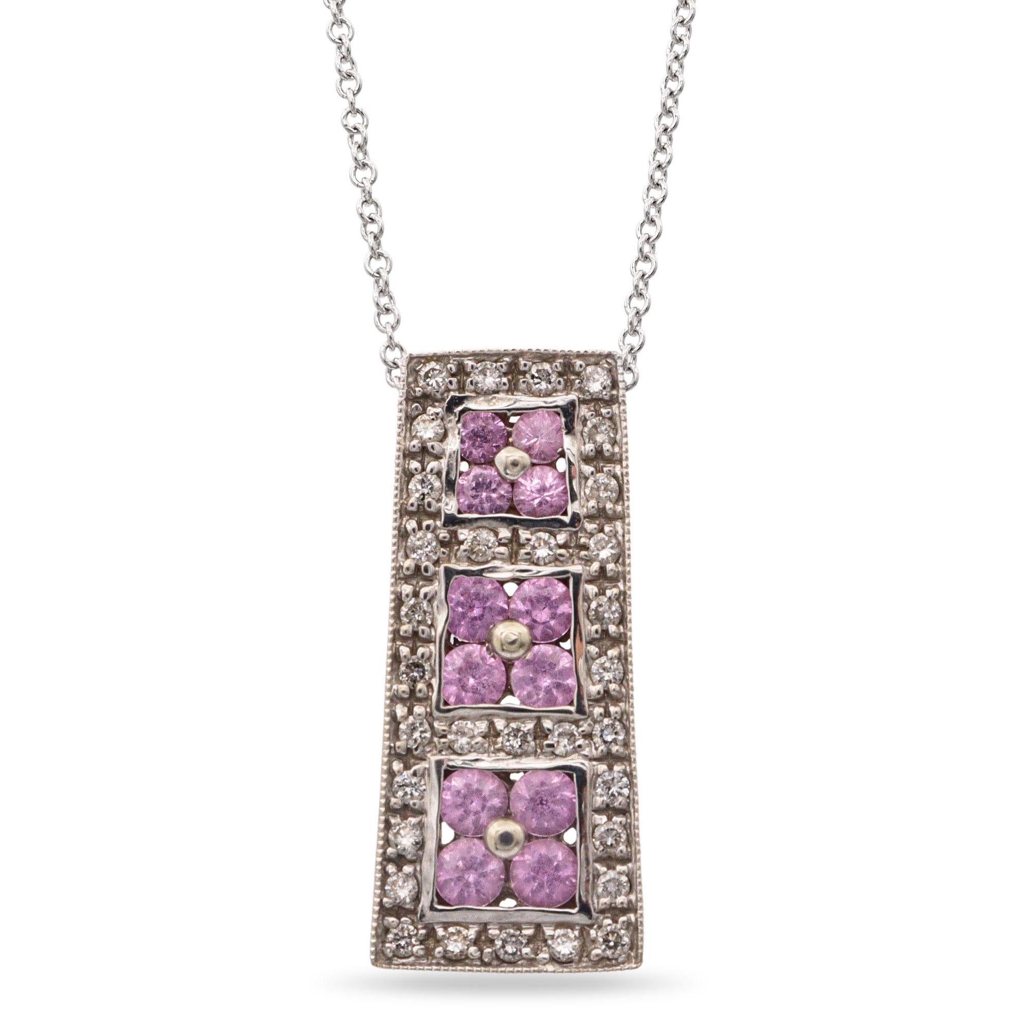 Vintage 14k White Gold Pink Sapphire and Diamond Pendant Necklace