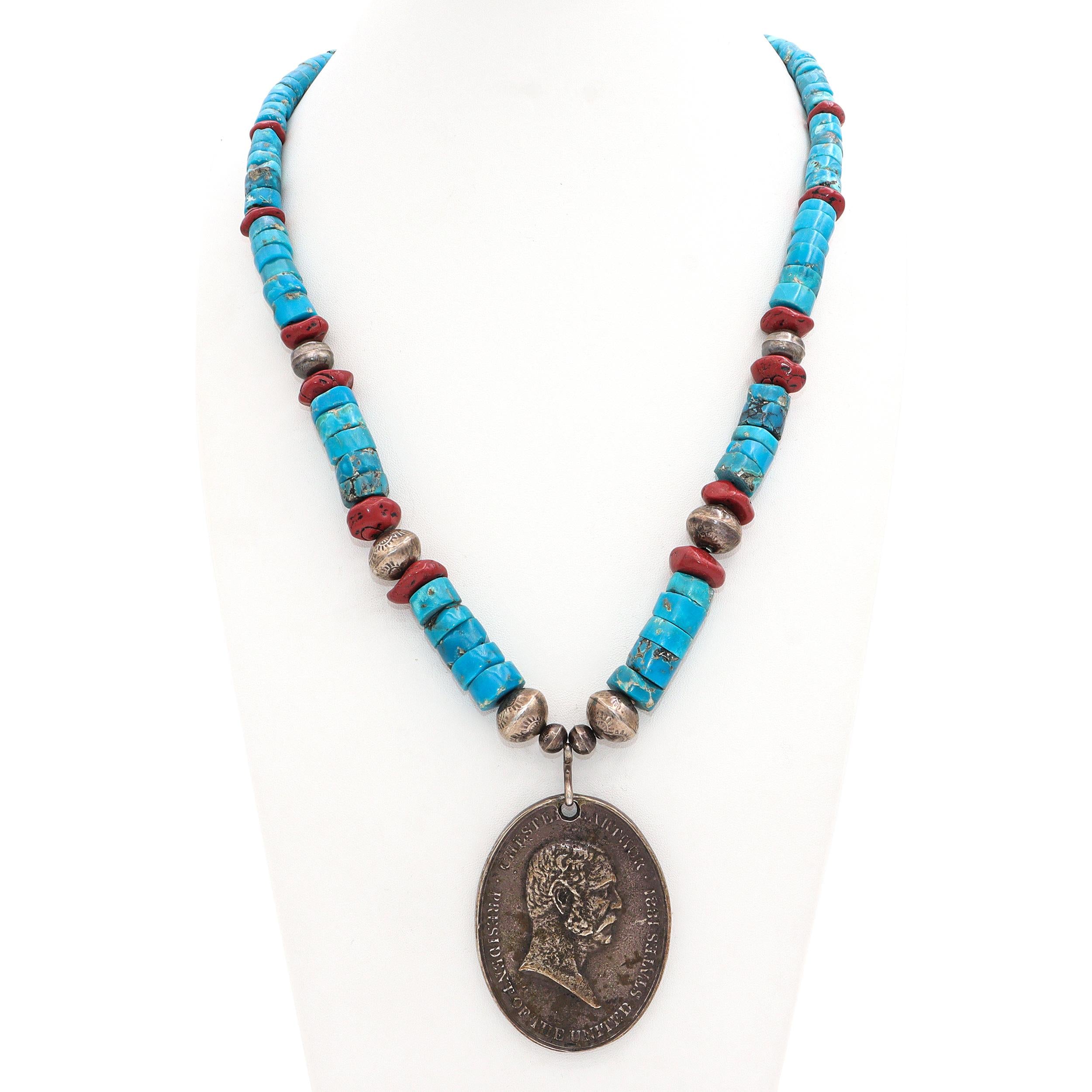 Vintage Sterling Silver Turquoise Red Jasper 1881 Chester Arthur Medal Necklace
