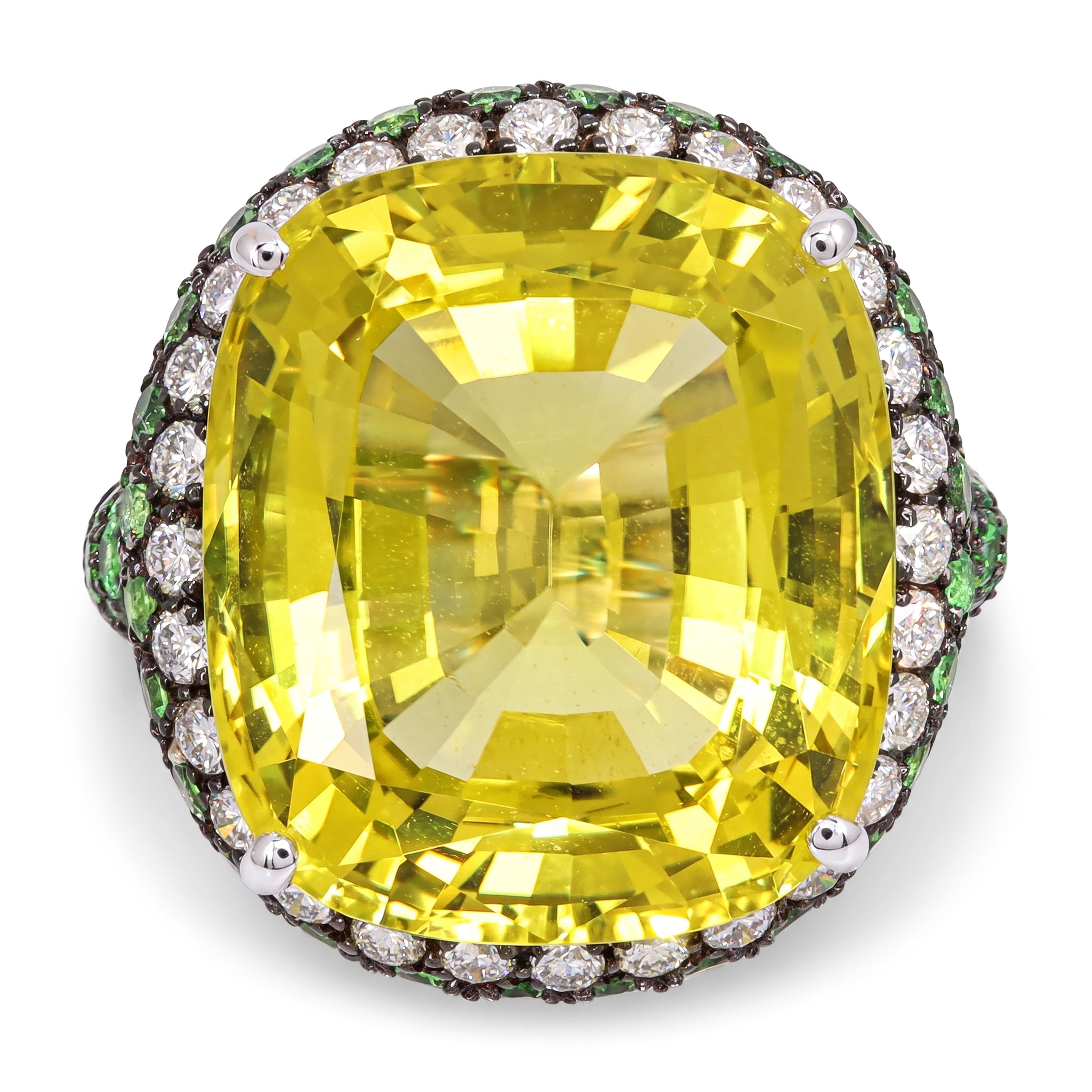 Black Rhodium 18k White Gold 15.9ct Lemon Quartz with Tsavorite and Diamond Ring
