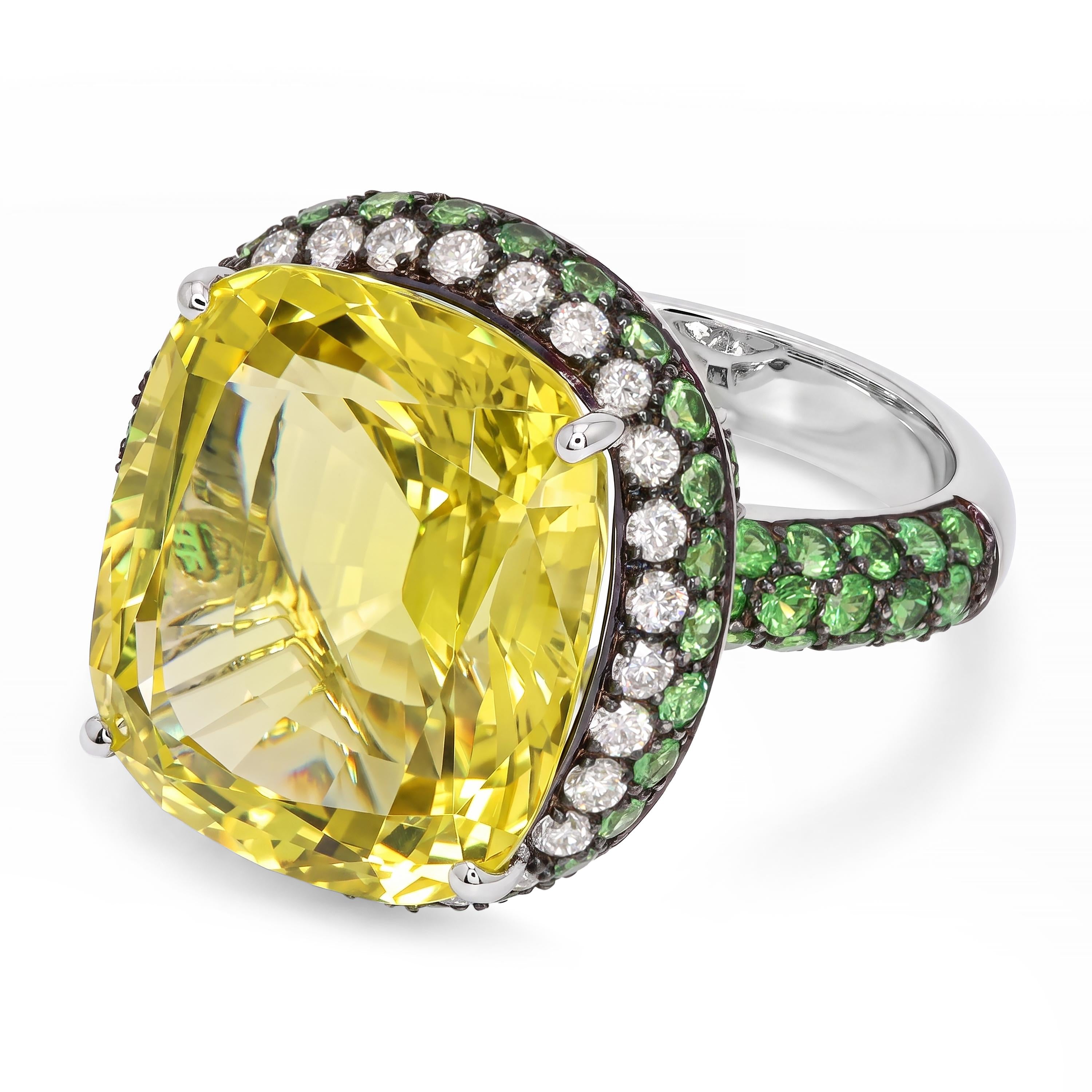 Black Rhodium 18k White Gold 15.9ct Lemon Quartz with Tsavorite and Diamond Ring