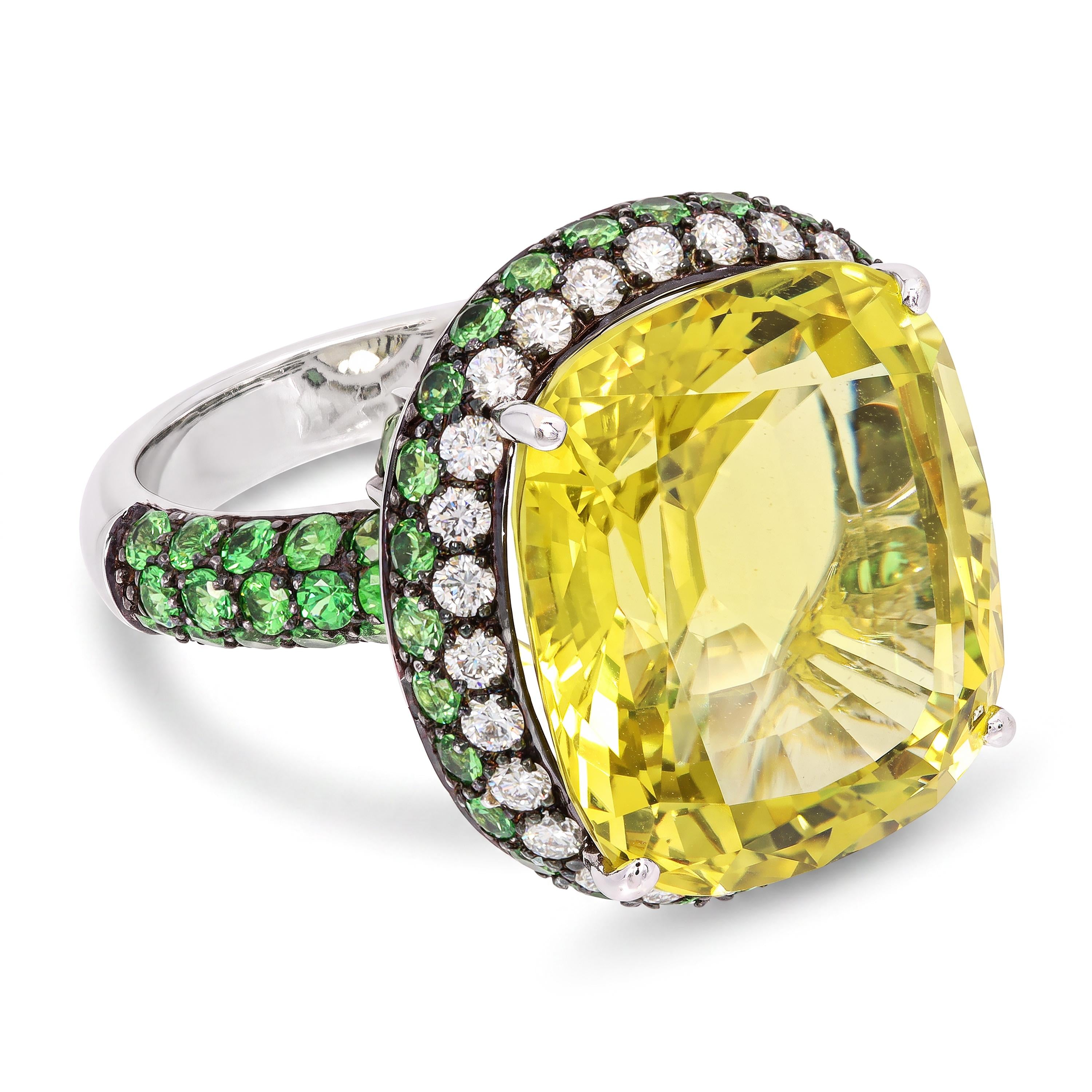 Black Rhodium 18k White Gold 15.9ct Lemon Quartz with Tsavorite and Diamond Ring