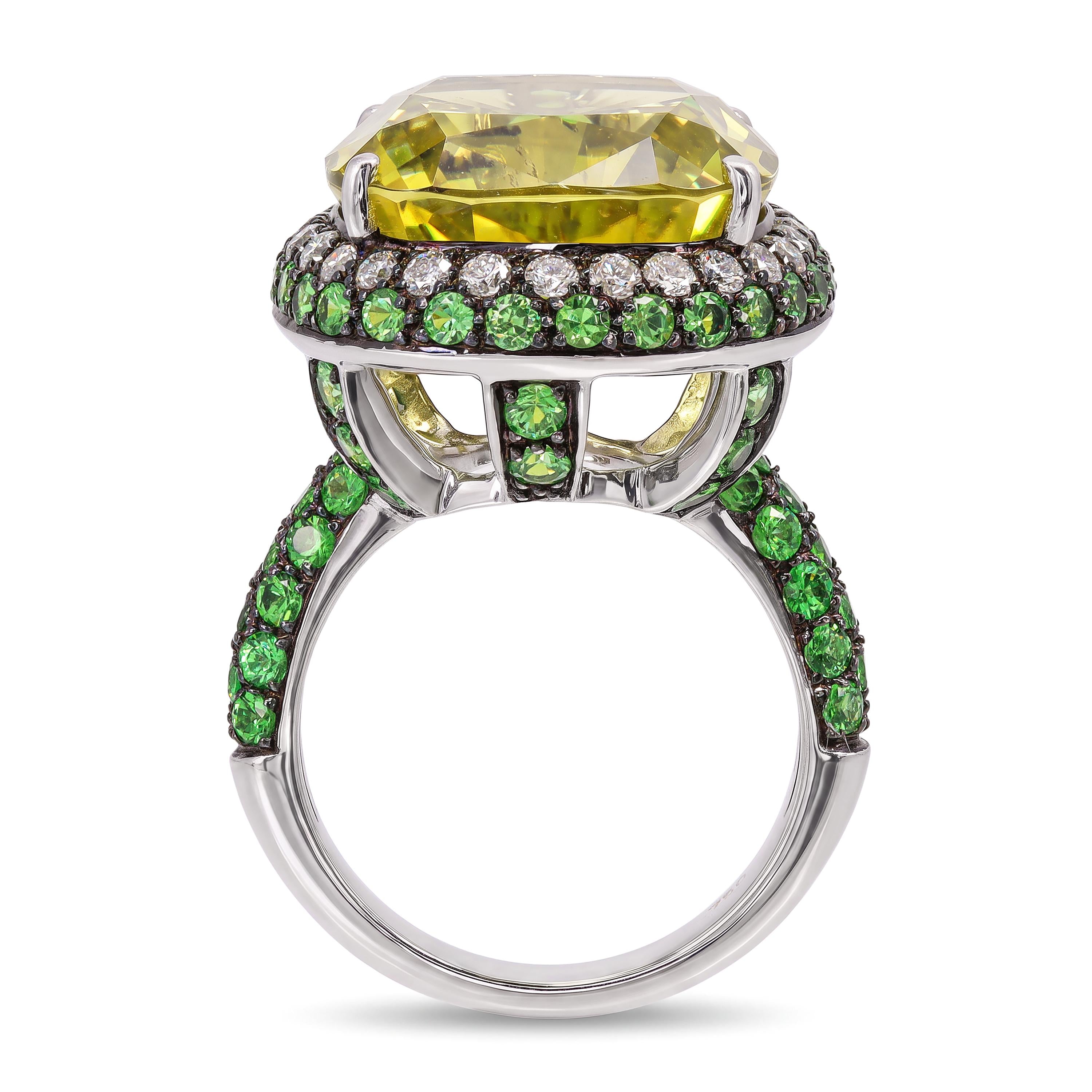 Black Rhodium 18k White Gold 15.9ct Lemon Quartz with Tsavorite and Diamond Ring