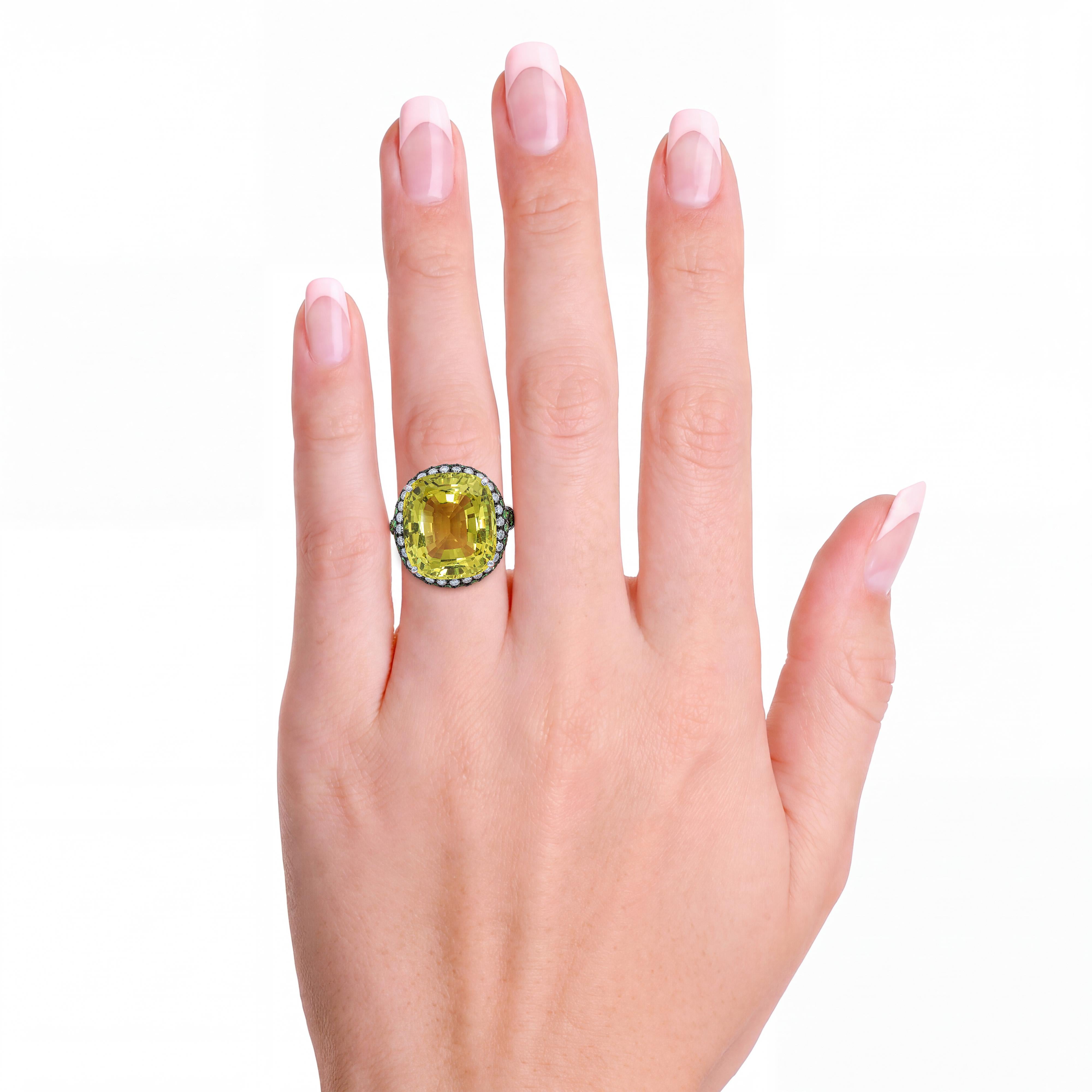 Black Rhodium 18k White Gold 15.9ct Lemon Quartz with Tsavorite and Diamond Ring
