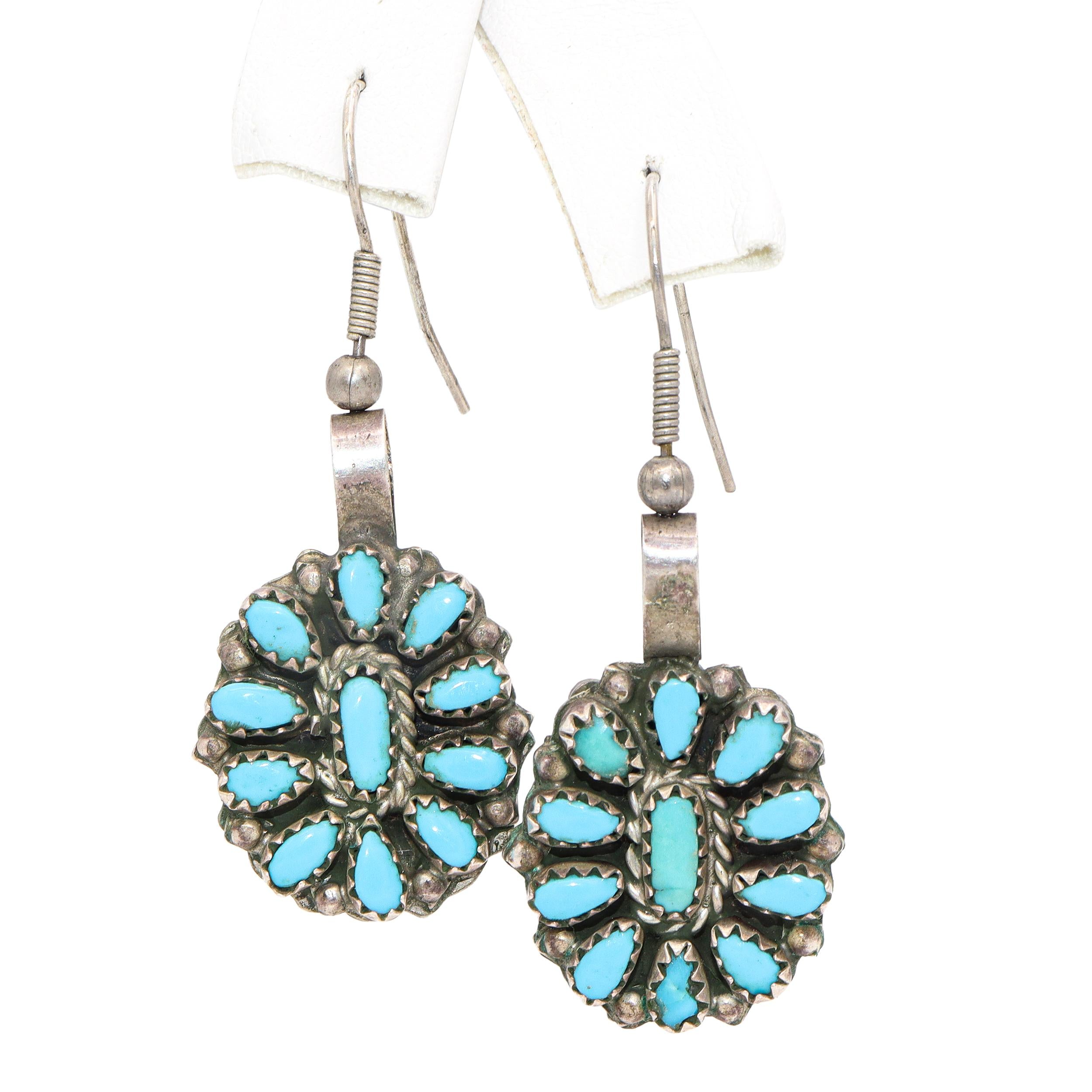 Vintage Reversible Silver Turquoise and Multi Stone Earring & Squash Blossom Set