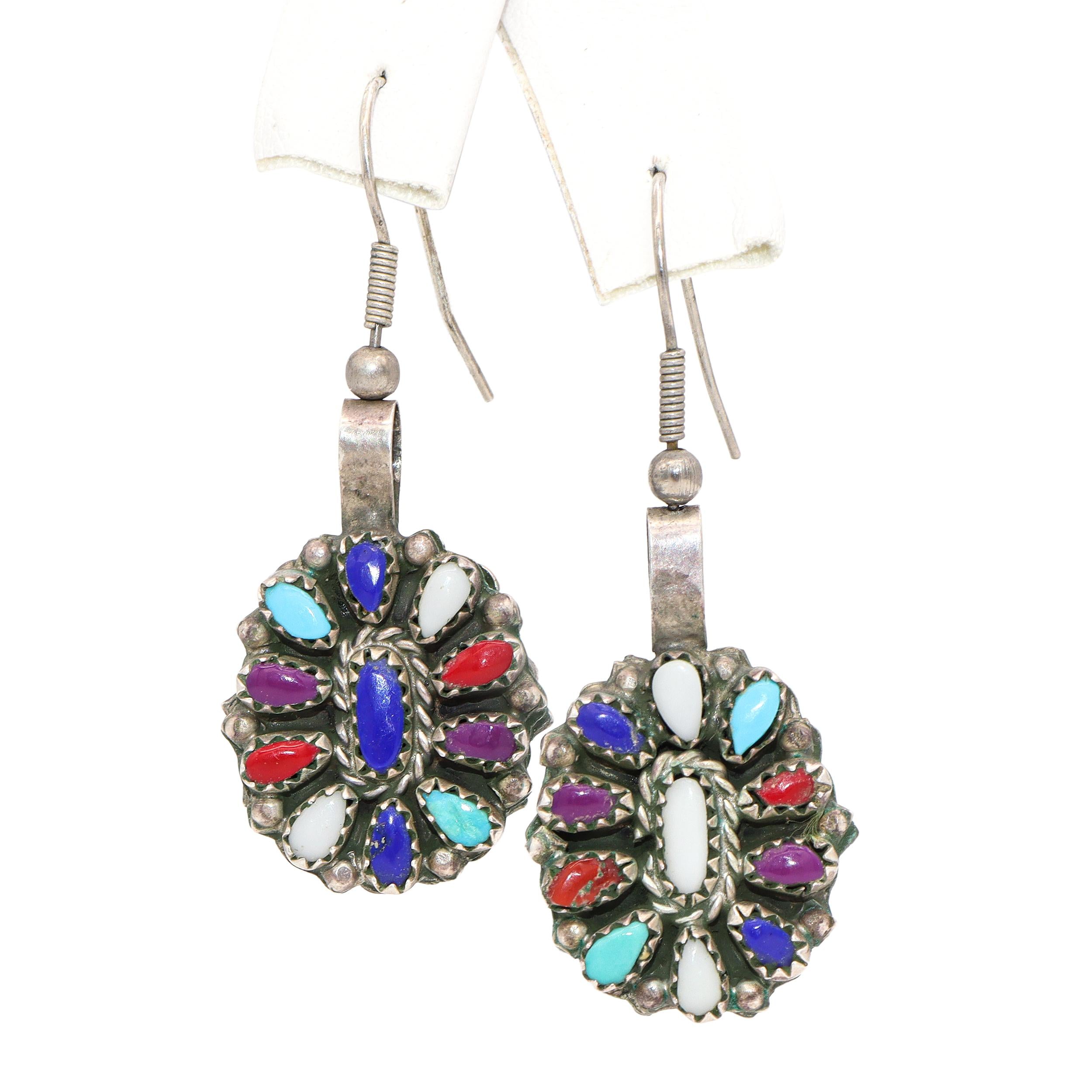 Vintage Reversible Silver Turquoise and Multi Stone Earring & Squash Blossom Set
