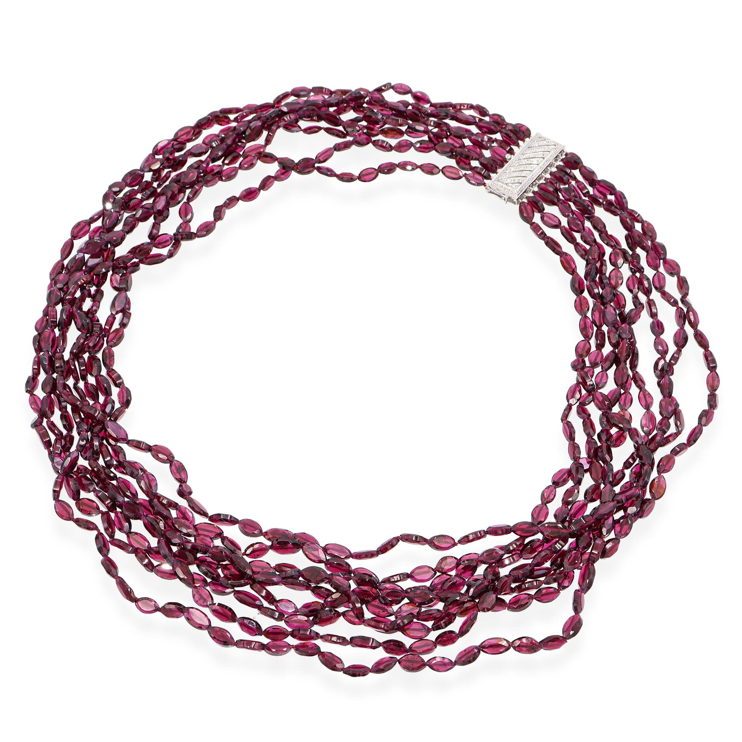 Vintage 14k White Gold Diamond Clasp Multi Strand Garnet Bead Necklace