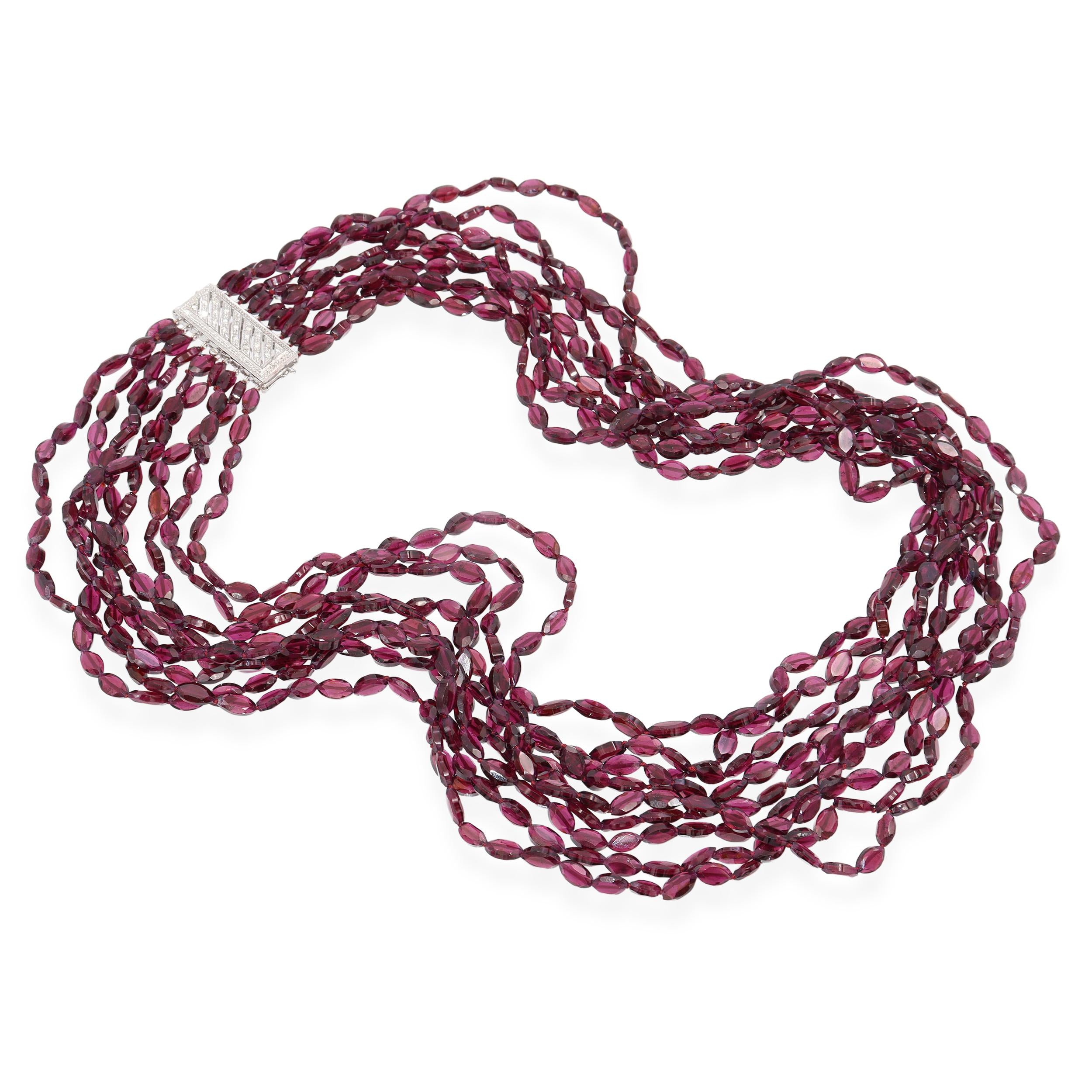 Vintage 14k White Gold Diamond Clasp Multi Strand Garnet Bead Necklace