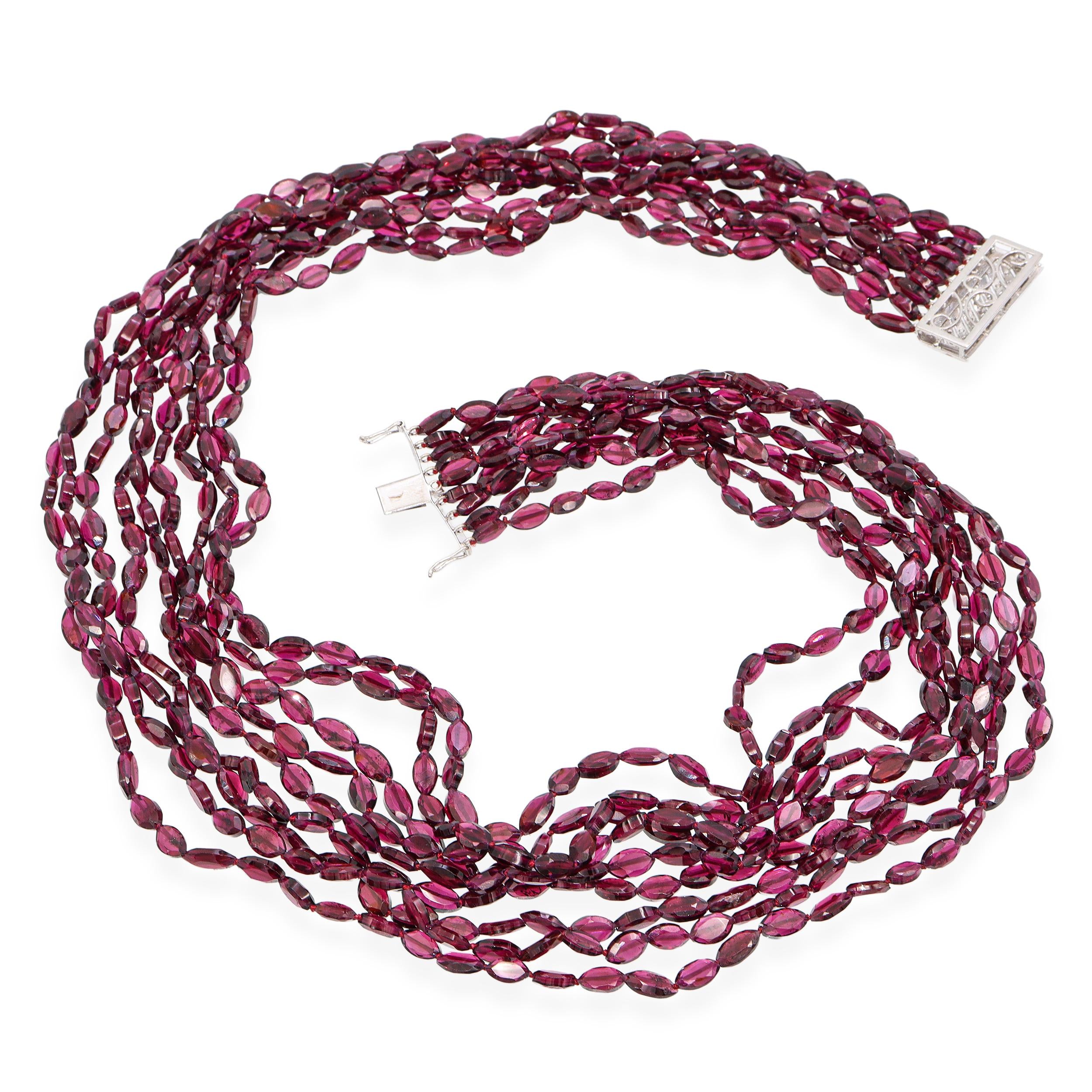 Vintage 14k White Gold Diamond Clasp Multi Strand Garnet Bead Necklace