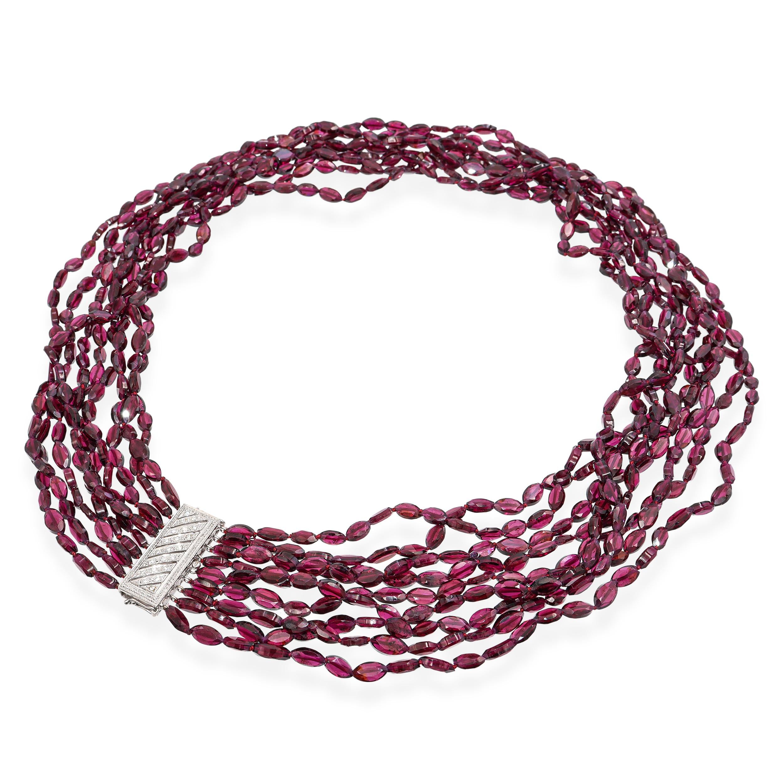 Vintage 14k White Gold Diamond Clasp Multi Strand Garnet Bead Necklace