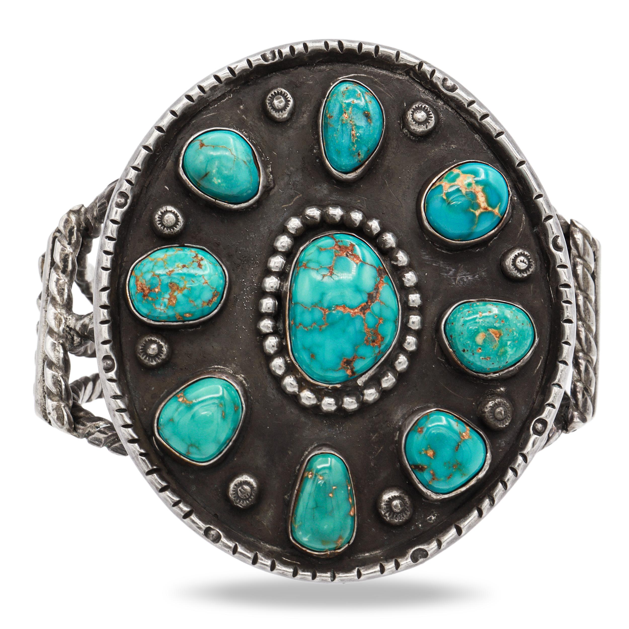 Vintage Navajo Large Turquoise Cluster Sterling Silver Cuff Bracelet