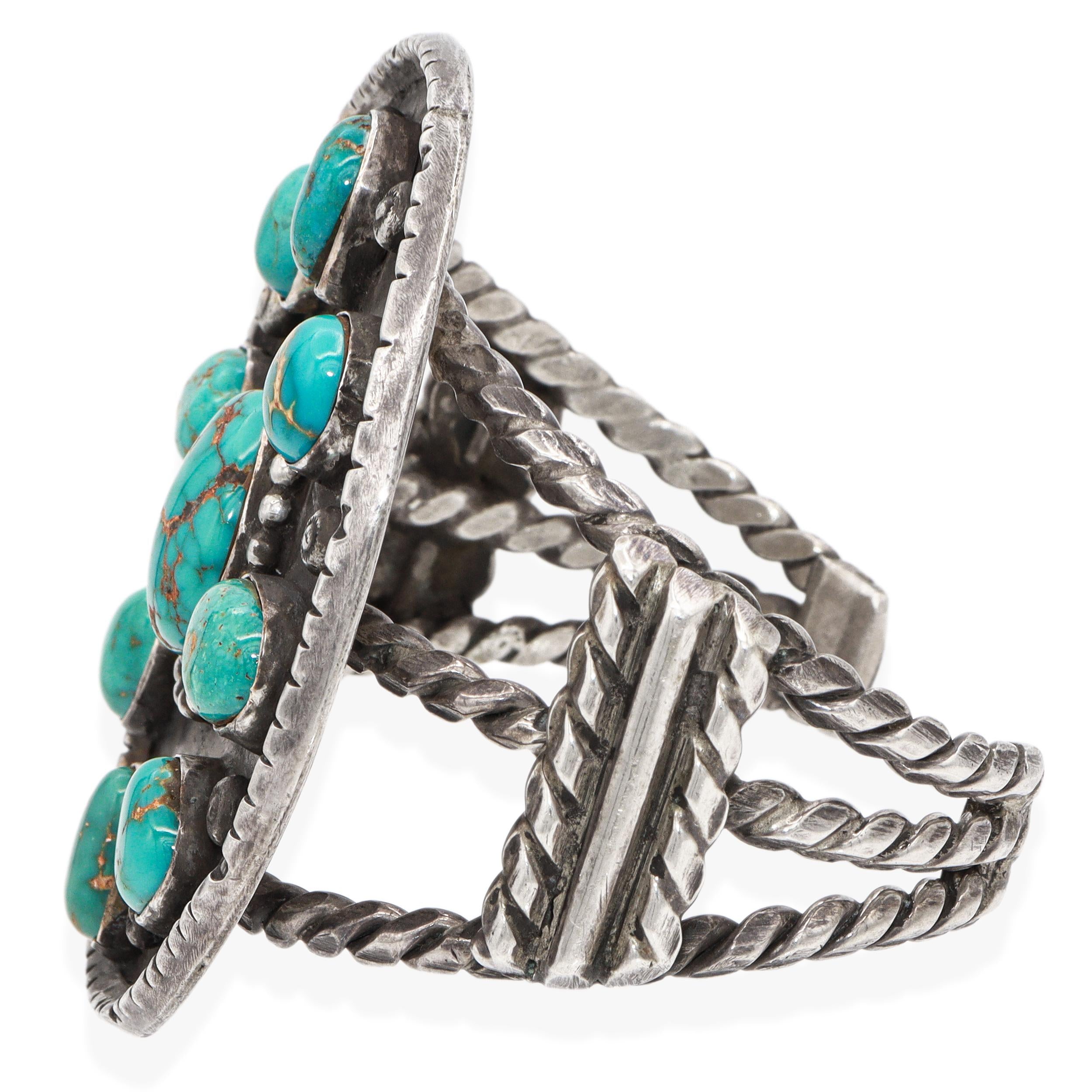 Vintage Navajo Large Turquoise Cluster Sterling Silver Cuff Bracelet