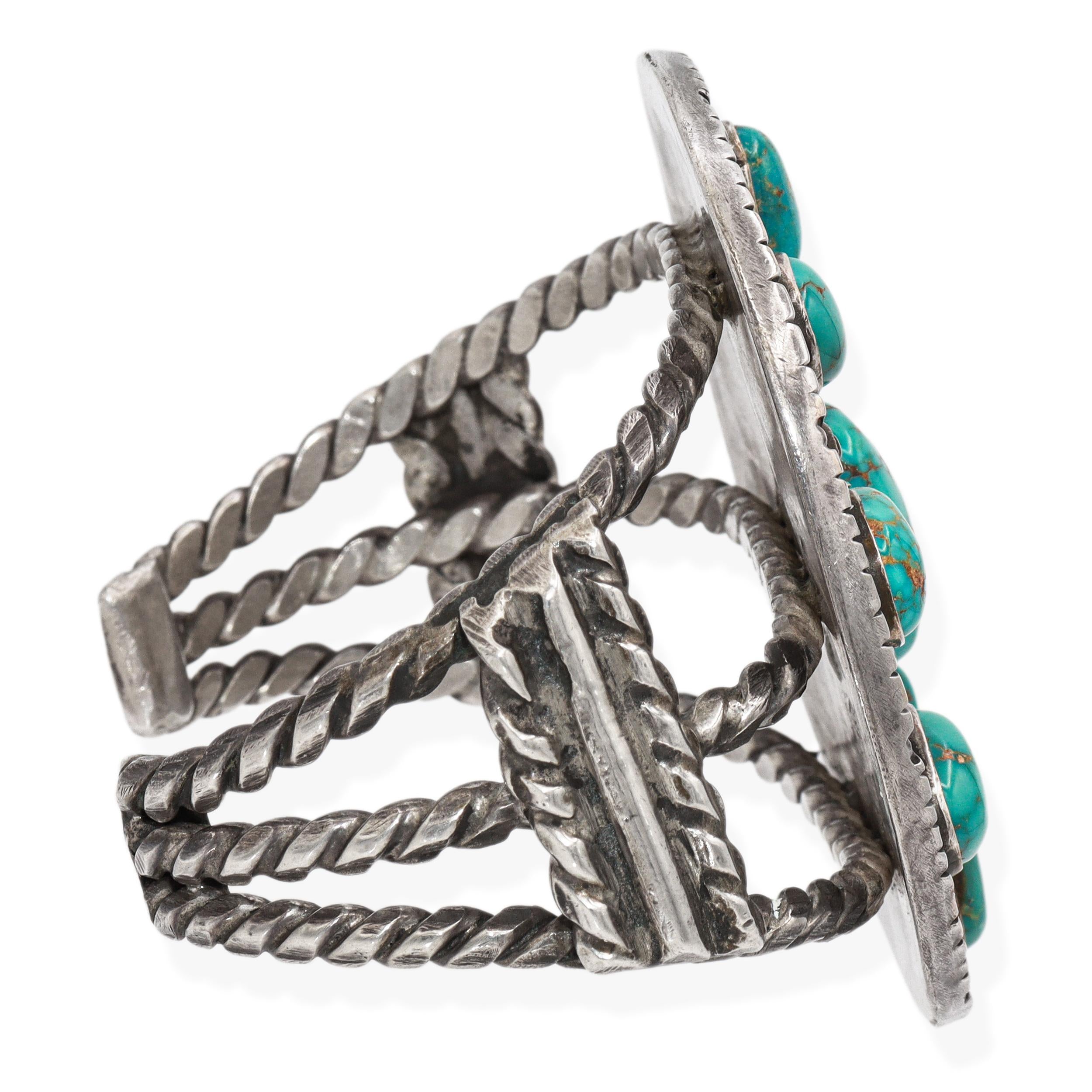 Vintage Navajo Large Turquoise Cluster Sterling Silver Cuff Bracelet