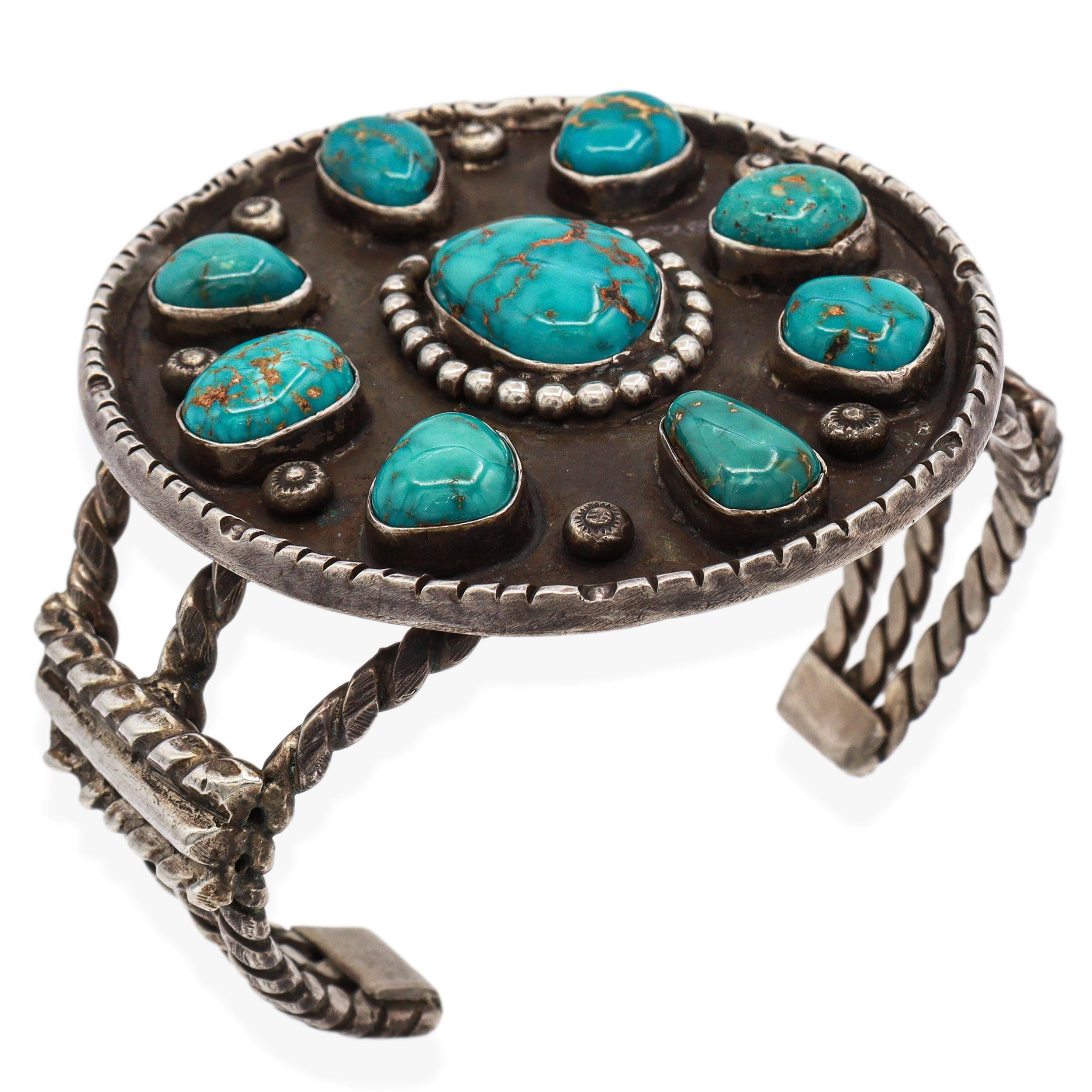 Vintage Navajo Large Turquoise Cluster Sterling Silver Cuff Bracelet