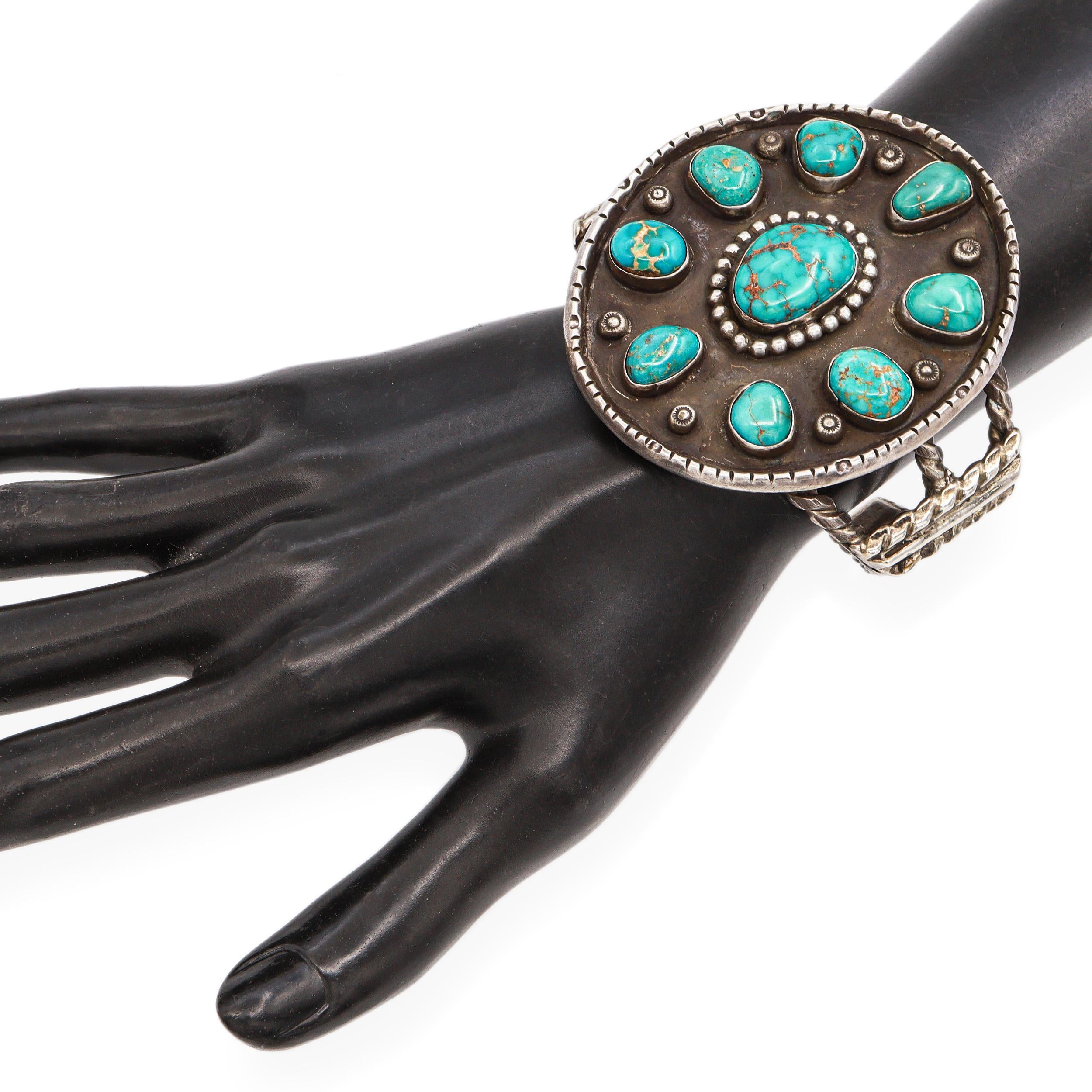 Vintage Navajo Large Turquoise Cluster Sterling Silver Cuff Bracelet