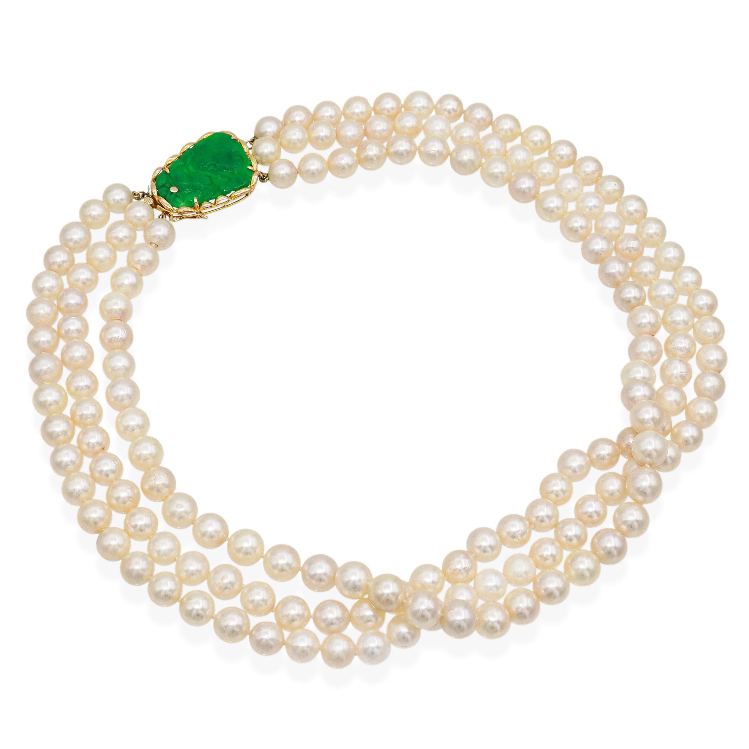Vintage 14k Yellow Gold Jade Clasp Triple Strand Pearl Necklace