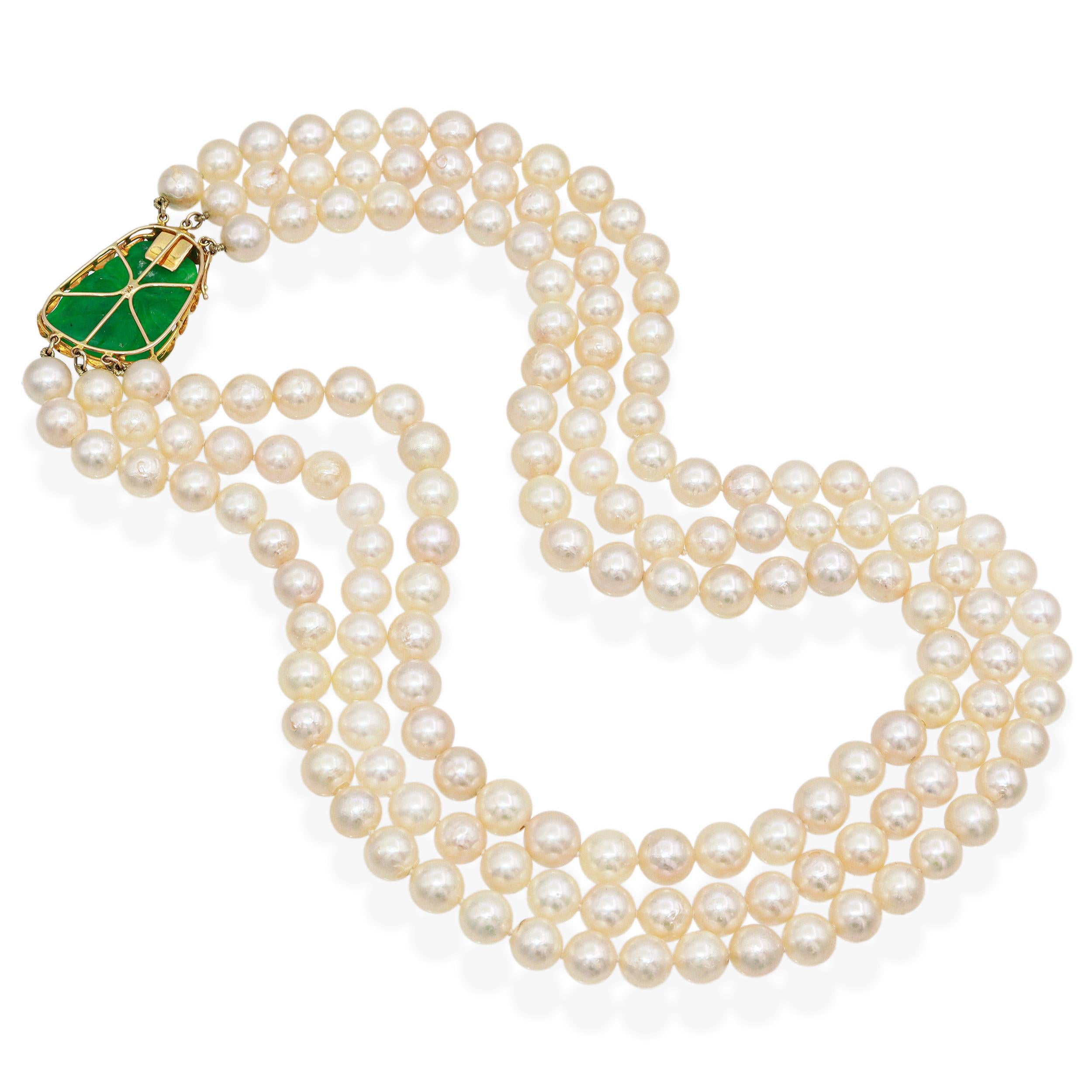 Vintage 14k Yellow Gold Jade Clasp Triple Strand Pearl Necklace