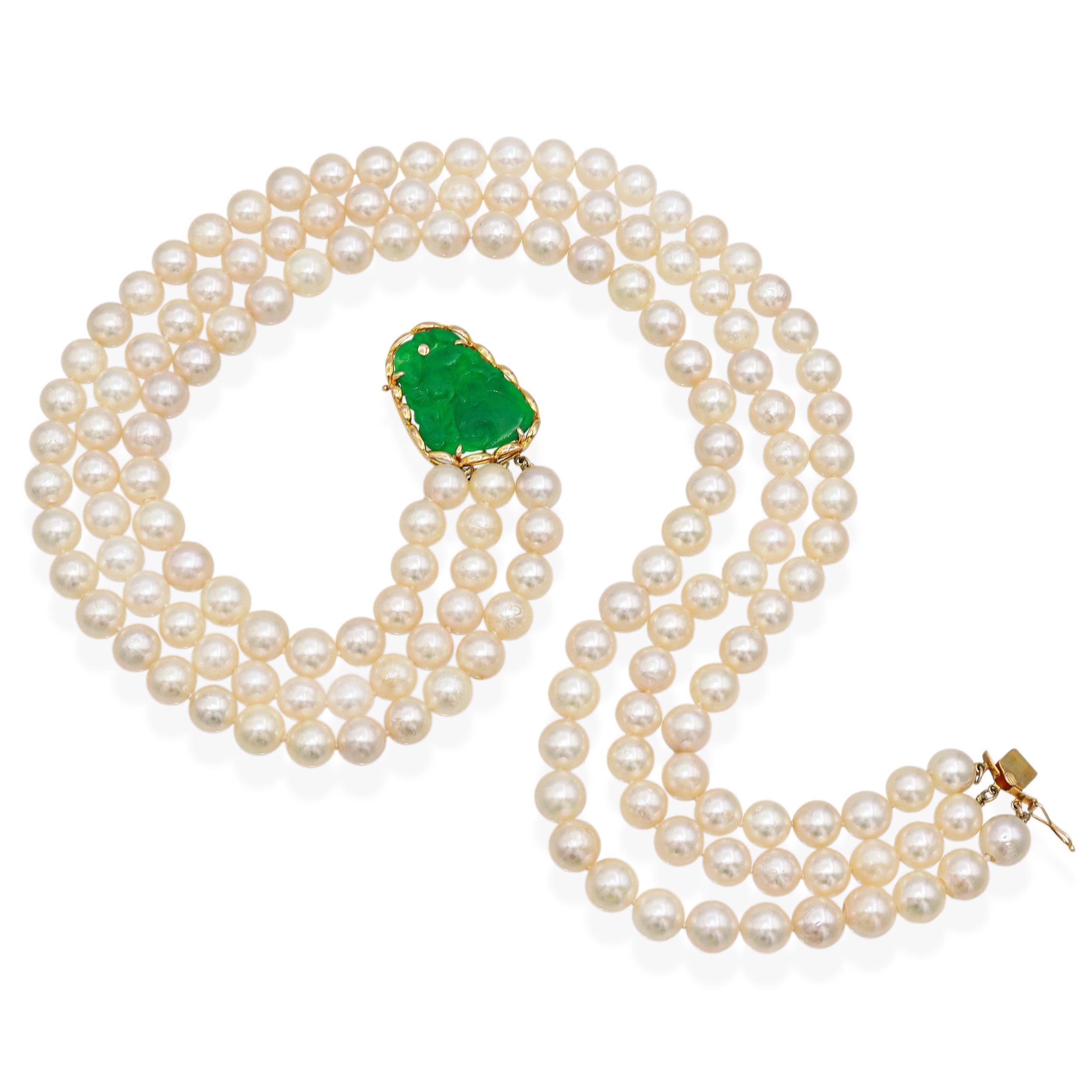 Vintage 14k Yellow Gold Jade Clasp Triple Strand Pearl Necklace