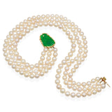 Vintage 14k Yellow Gold Jade Clasp Triple Strand Pearl Necklace