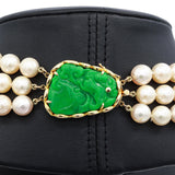 Vintage 14k Yellow Gold Jade Clasp Triple Strand Pearl Necklace