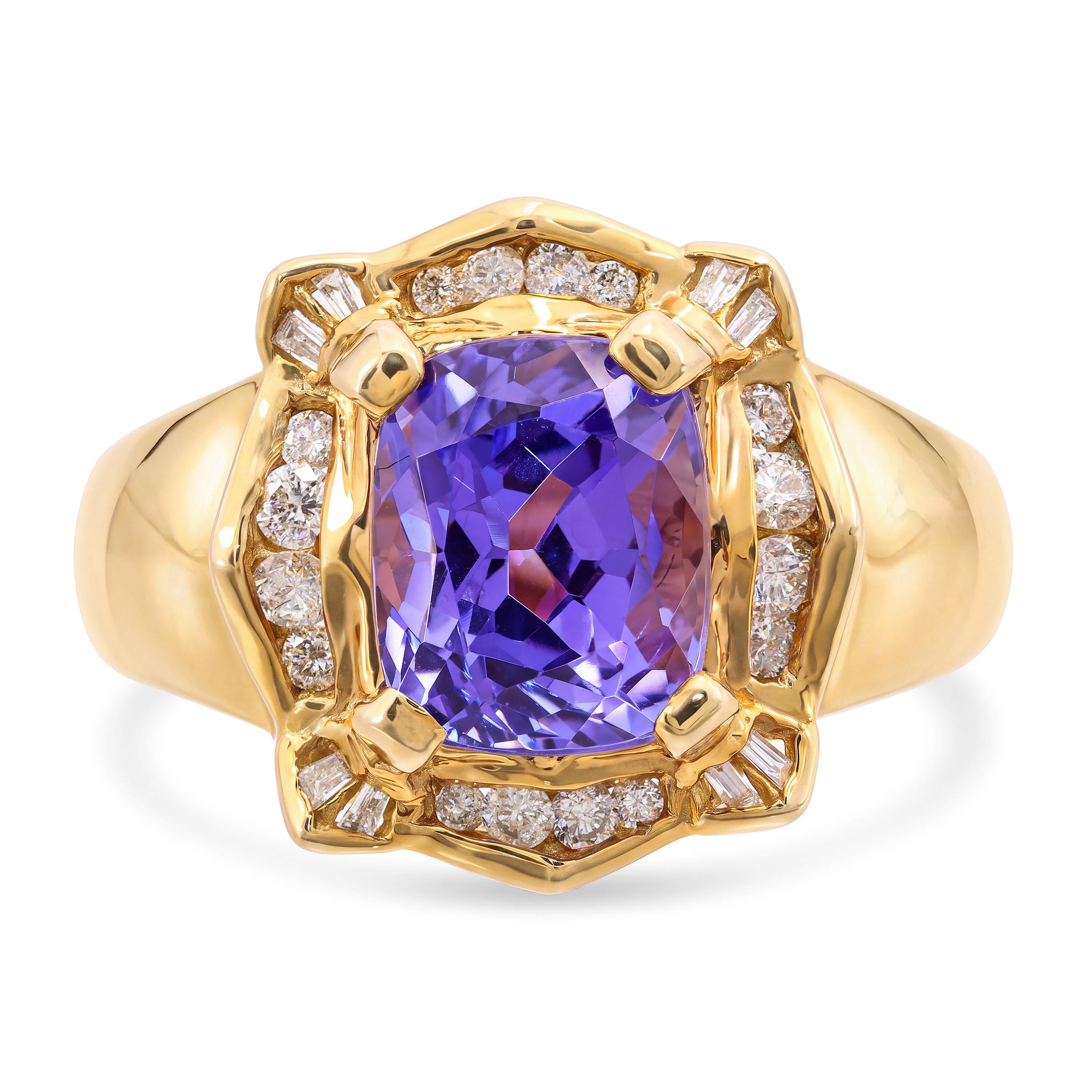 14k Yellow Gold 3.3ct Tanzanite and Diamond Statement Ring