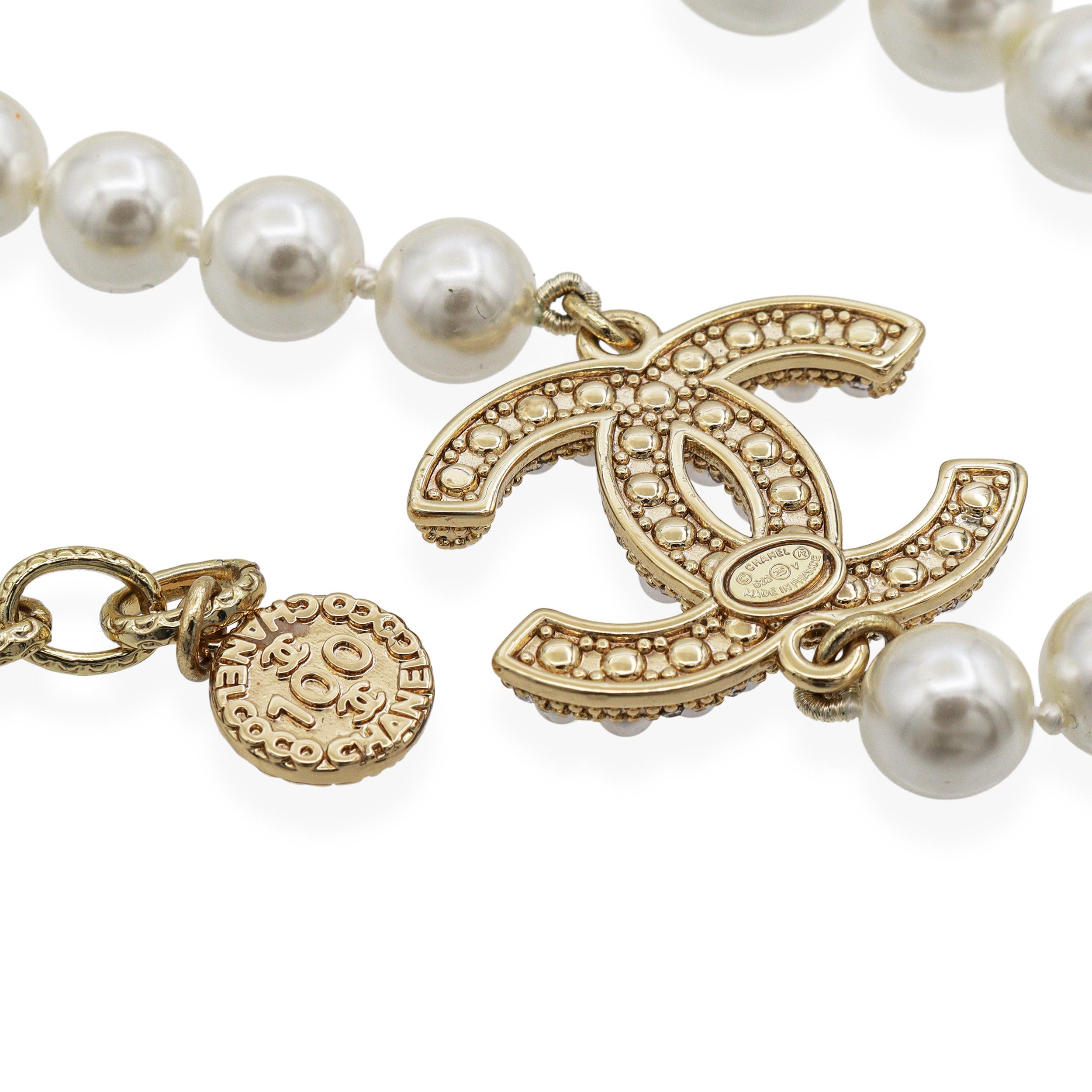 Vintage Chanel 100th Anniversary Gold-Finish Faux Pearl Beaded Strand Necklace