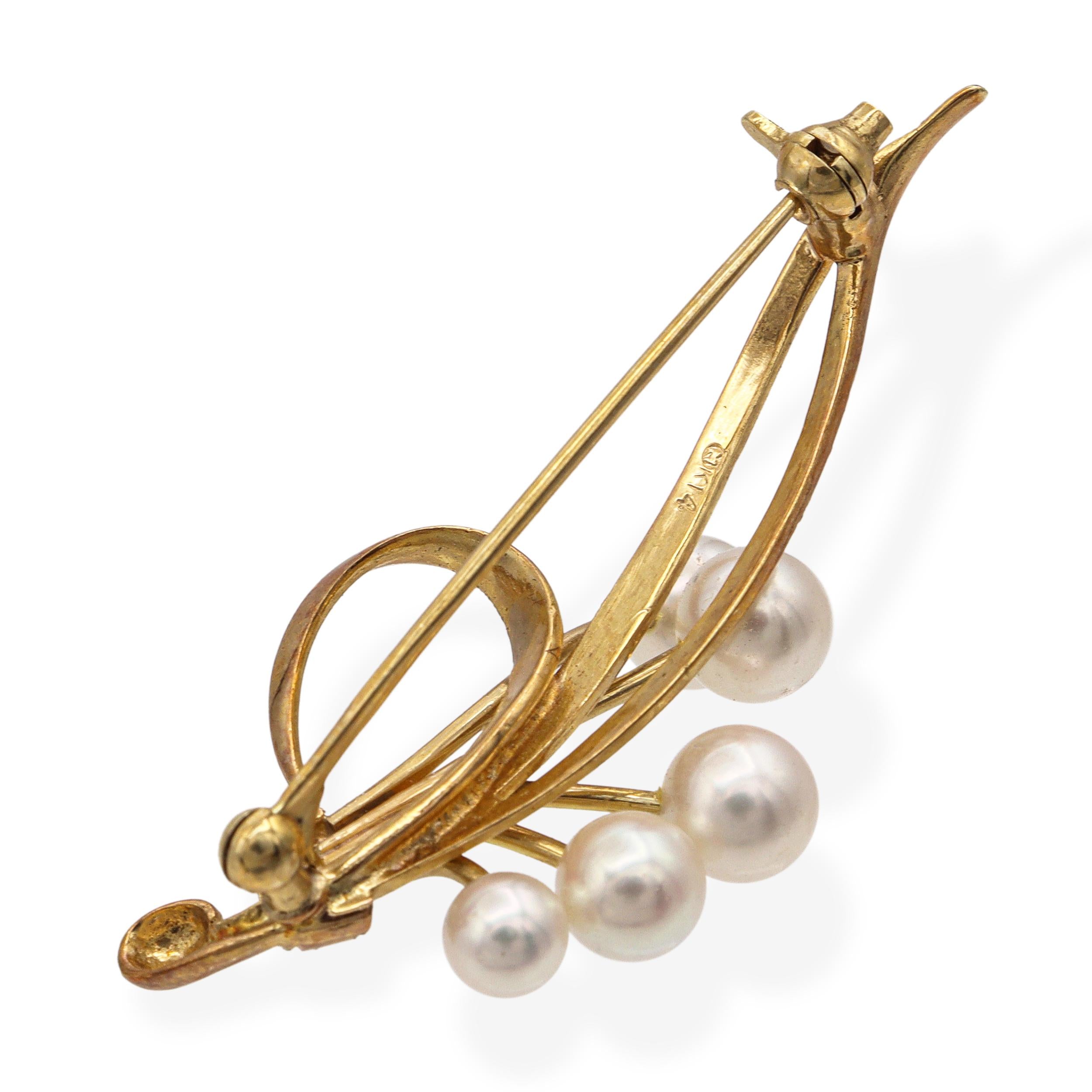 Vintage Mikimoto 14k Yellow Gold Cultured Pearl Freeform Brooch