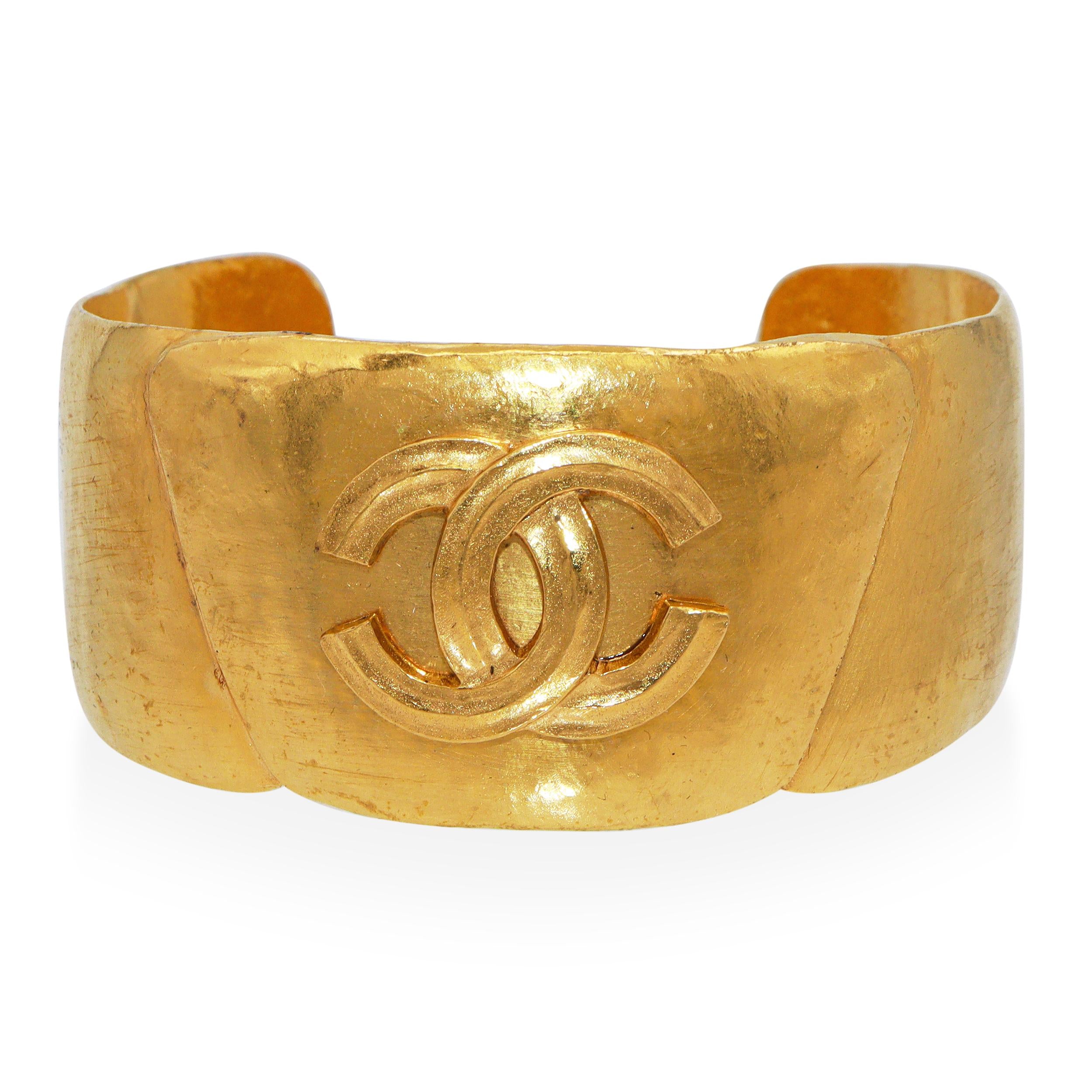 Vintage Chanel Gold-Finish Wide CC Logo Statement Cuff Bracelet