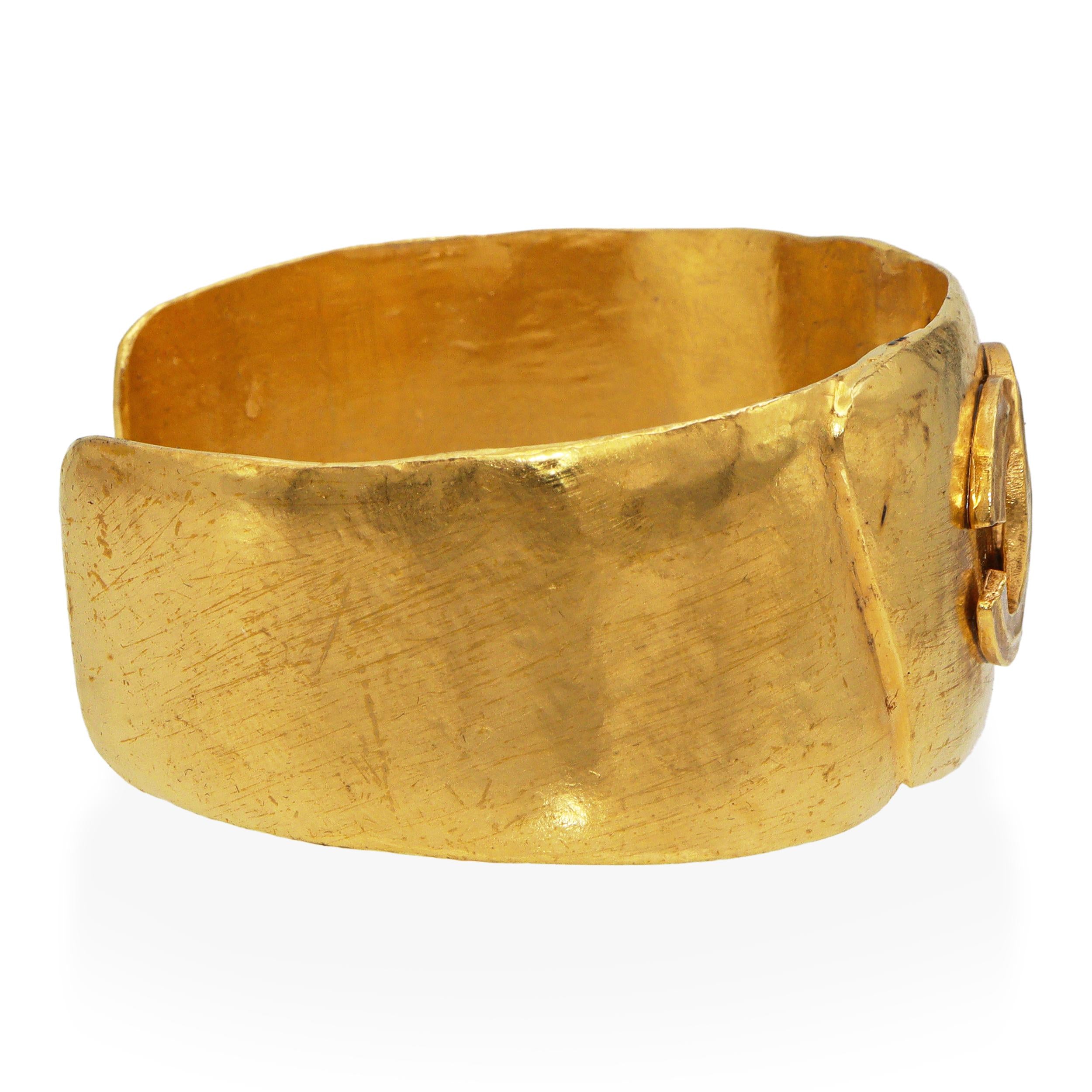 Vintage Chanel Gold-Finish Wide CC Logo Statement Cuff Bracelet